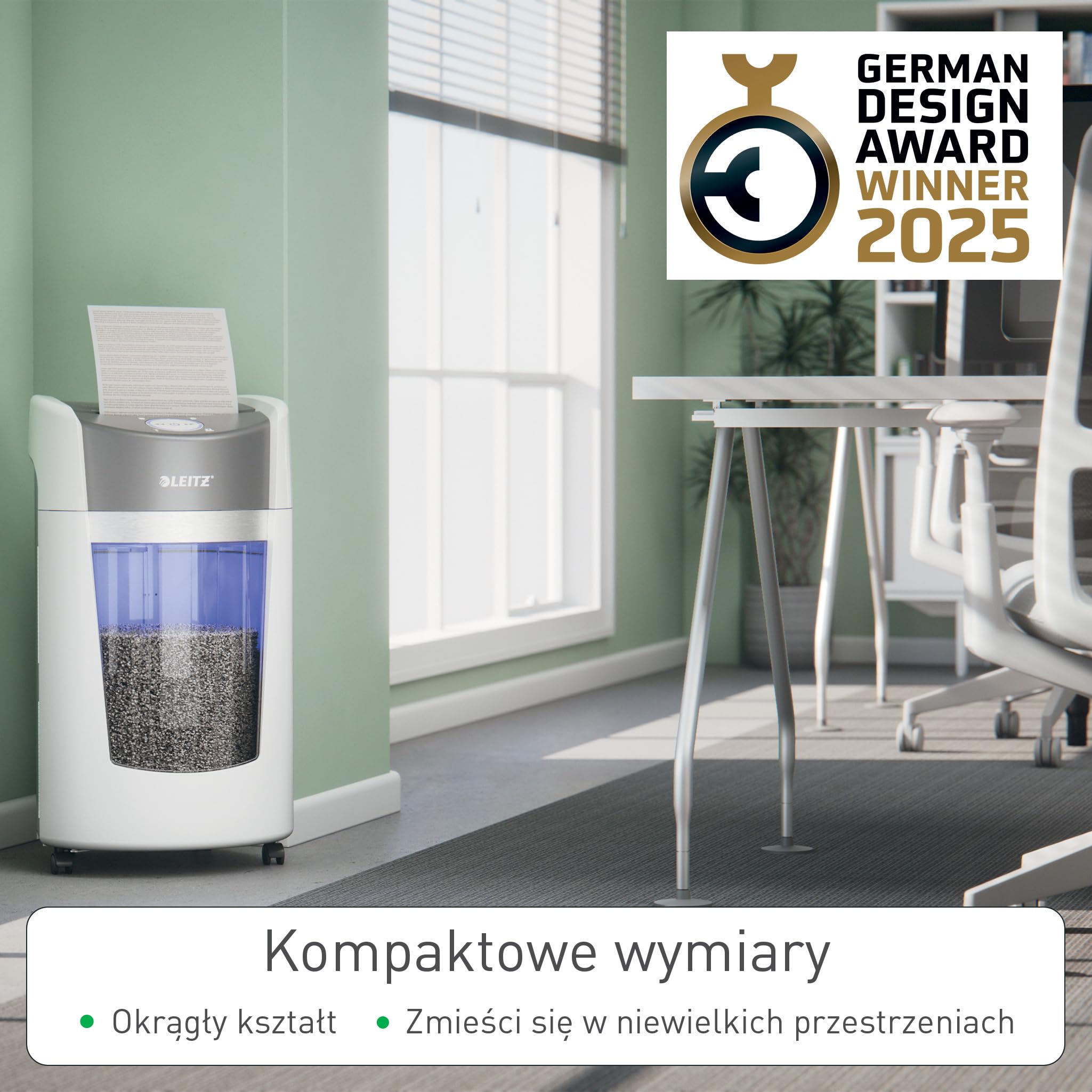 Leitz IQ OptiMax Small Office 350 Niszczarka P5 Mikrocięcie, Pojemnik Rotacyjny zwiększający pojemność o 33% (22L), mieści do 350 kartek A4, Niszczy 8–10 kartek 70–80 gsm, Czas pracy do 20 min