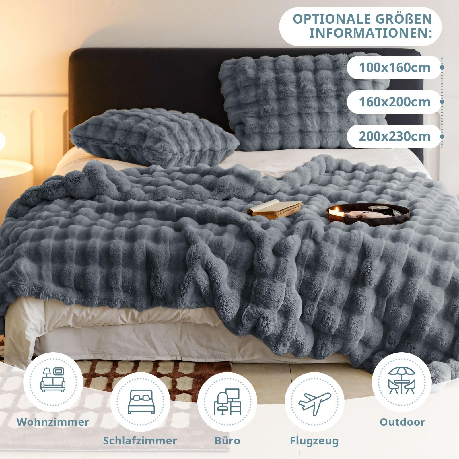 Knuffeldeken, melkfluweel, bubbeldeken, super zachte woondeken, dik, 450 g/m², flanel, deken, bankdeken, warme sprei, bankdeken, veelzijdige deken voor bed, bank, slaapkamer, kantoor, grijs, 100 x 160