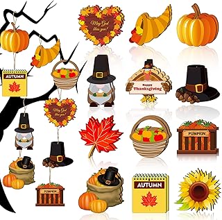 24 Pieces Thanksgiving Wooden Ornaments Pumpkin Hanging Ornaments for Tree Wood Maple Leaves Pumpkin Turkey Decorations Gnome Wooden Ornament for Fall Thanksgiving Day Party Favors (Warm Style)