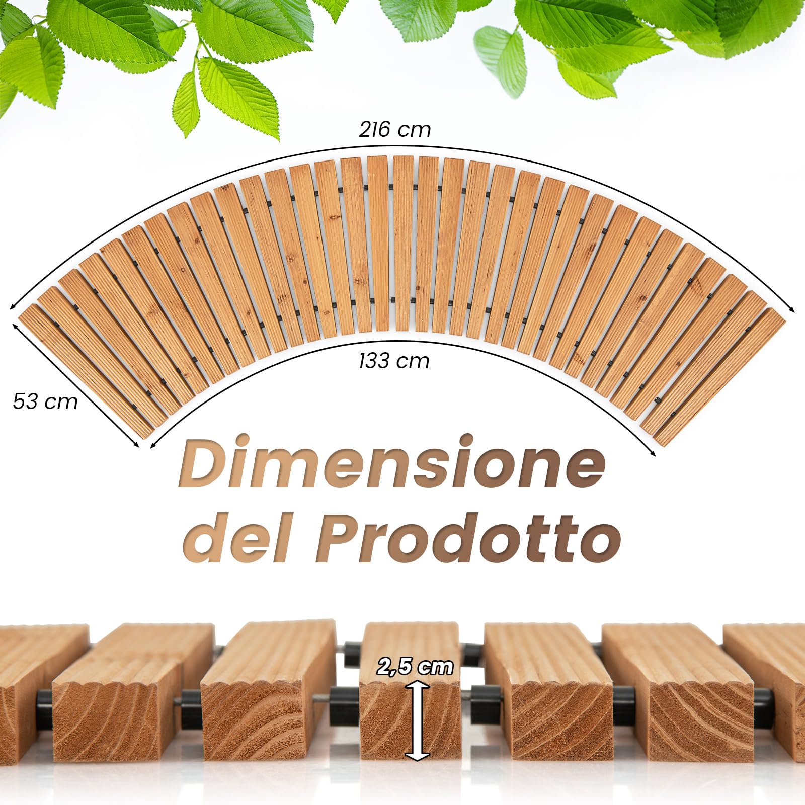 COSTWAY Sentiero da Giardino in Legno, Passerella Curvo da Esterno con Superficie Antiscivolo e Fili Metallici, Design Arrotolabile, per Patio Cortile e Spiaggia, Naturale (216 x 53 cm)