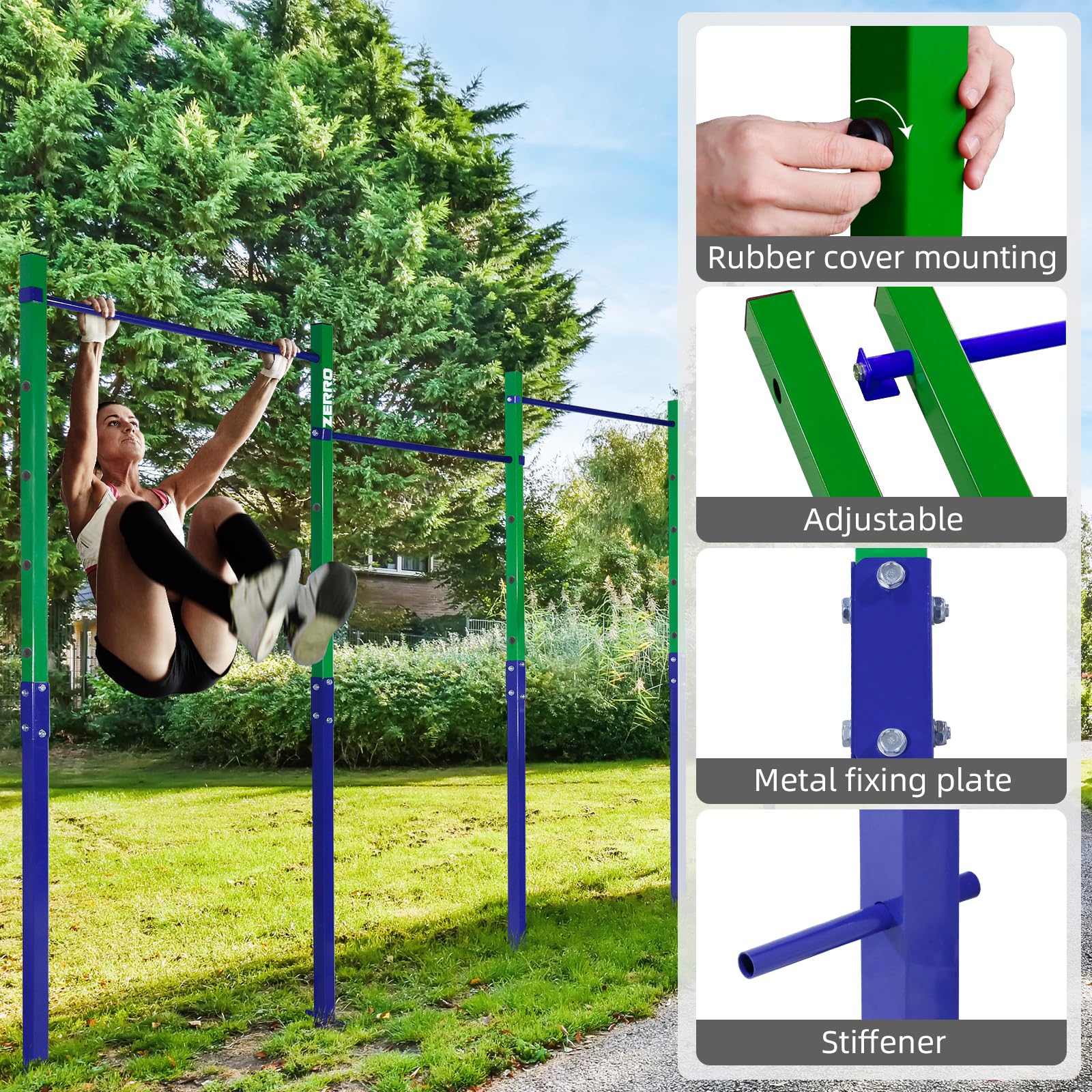 ZERRO Barre de Gymnastique Jardin Charge 150 kg, Barre asymétrique Gymnastique, Barre d'escalade réglable en Hauteur pour Usage extérieur en Vert-Bleu