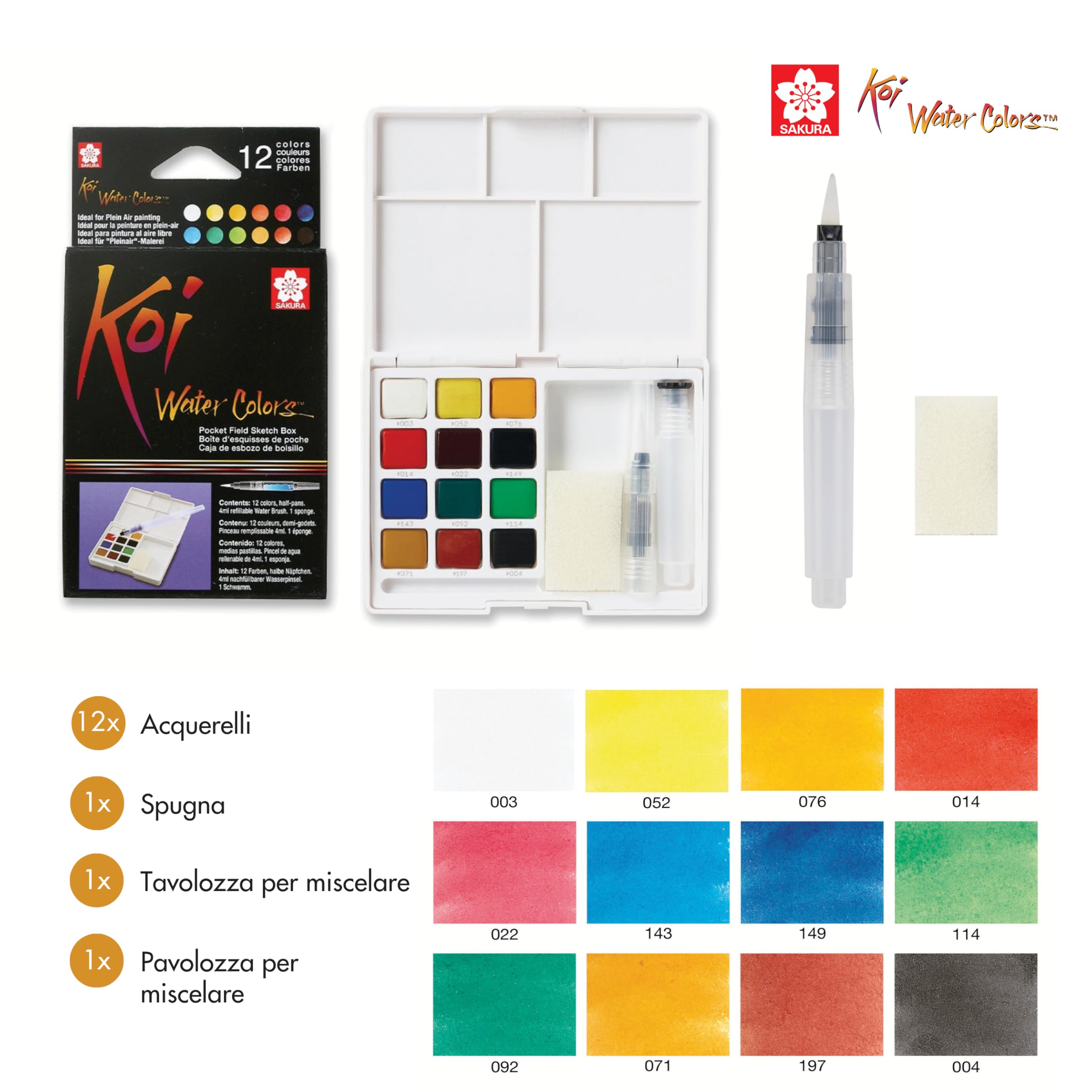SAKURA Koi Acquerello Tascabile con 12 Colori | Set di Acquerelli Plein-Air con Pennello ad Acqua, Tavolozza e Spugna