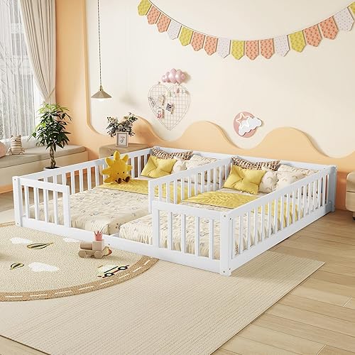 Floor Bed for 2 Kids, Montessori Bed Frame with Fence Railings, Wooden Double Twin Bed for Two Boys Girls, Box Spring Needed, White