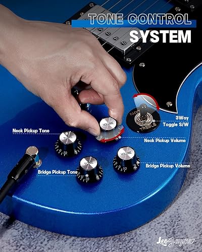 Vista 34 de Leo Jaymz Guitarra eléctrica de cuerpo sólido de 39 pulgadas, cuerpo de madera de álamo, cuello de arce y diapasón de madera de laurel (negro)