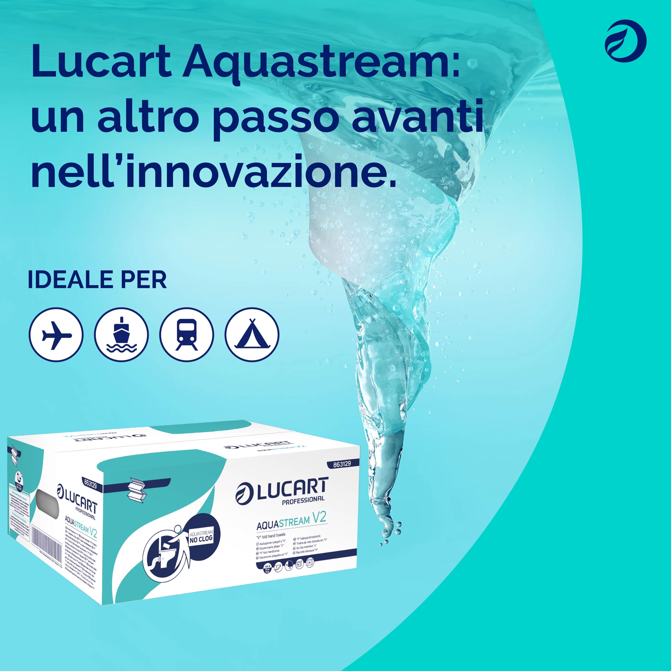 Lucart Professional, AquaStream V2, Asciugamani Piegati a V ad alta dissolvenza, Ideale per Bagni Pubblici e Uffici, 170 pezzi per confezione, 21x21 cm, 20 confezioni