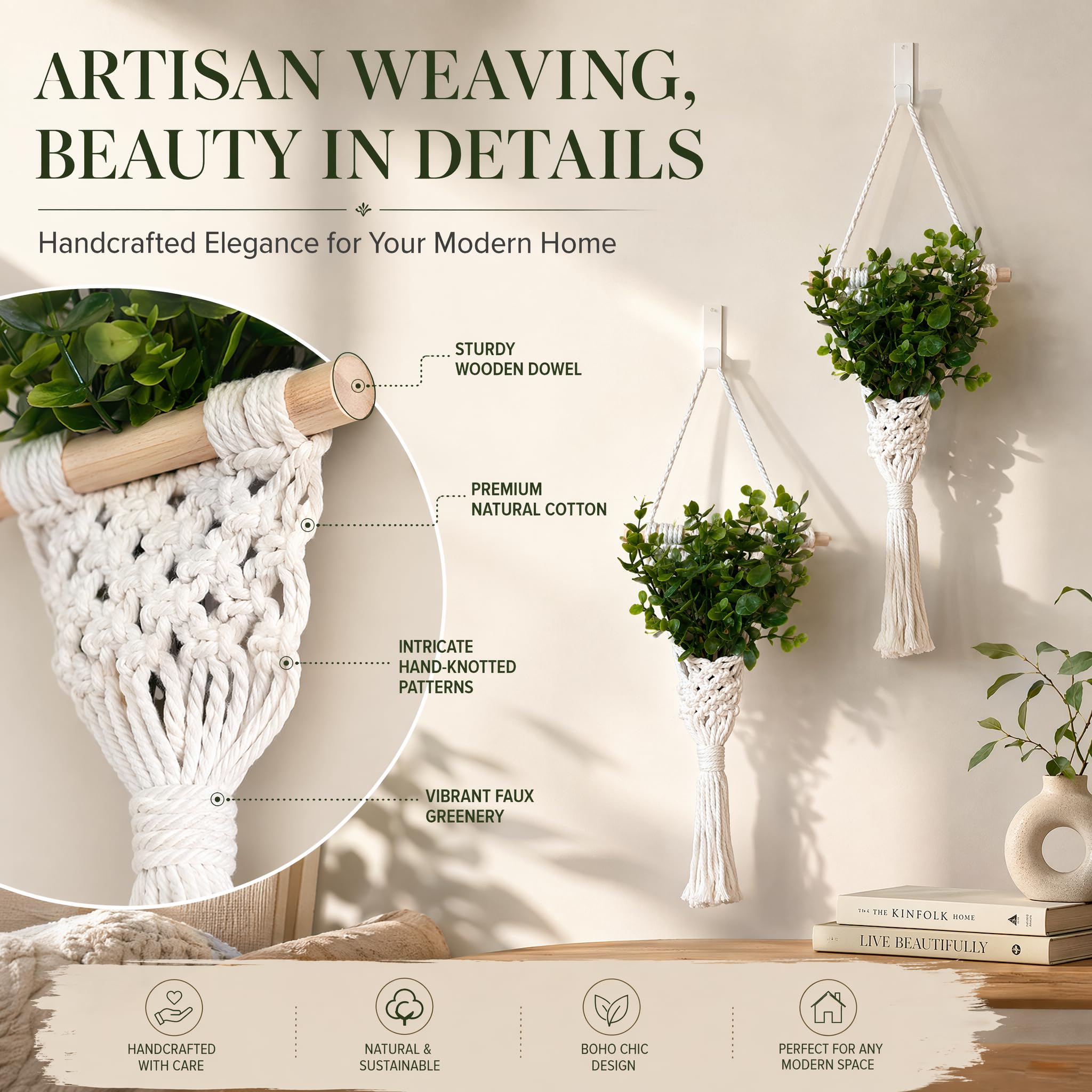 Lot de 2 suspensions murales en macramé pour plantes - Style bohème