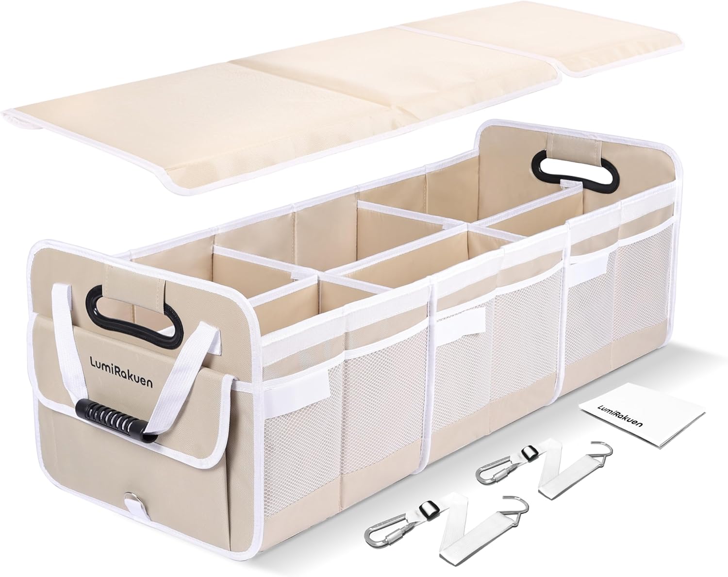 Heavy Duty Trunk Organizer with Lid for Car SUV-1680D Water-Resistant &3.5mm PP Skeleton,Collapsible Storage Box with No Sliding Metal Hooks,Fits Tesla,Truck,Sedan(XL, Cream)