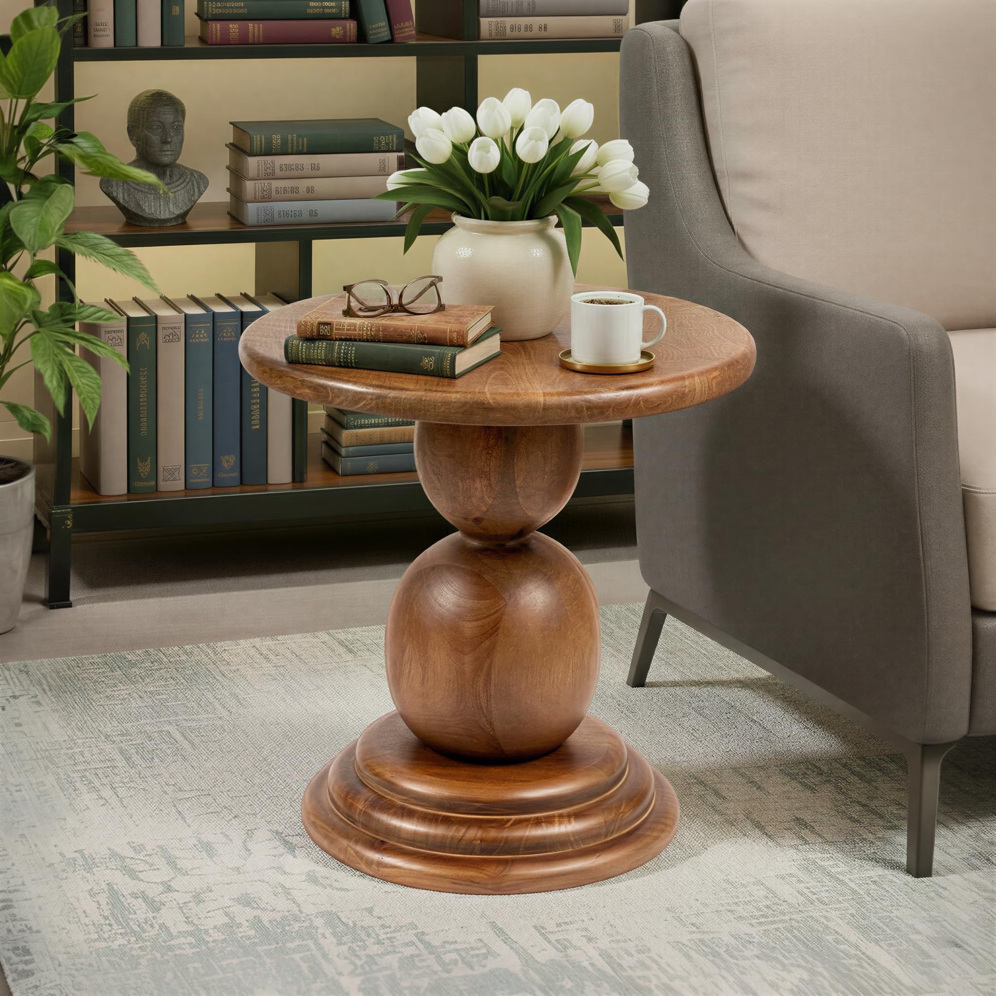 Creative Co-Op Round Mango Wood Bulbed Pedestal End Table, Walnut