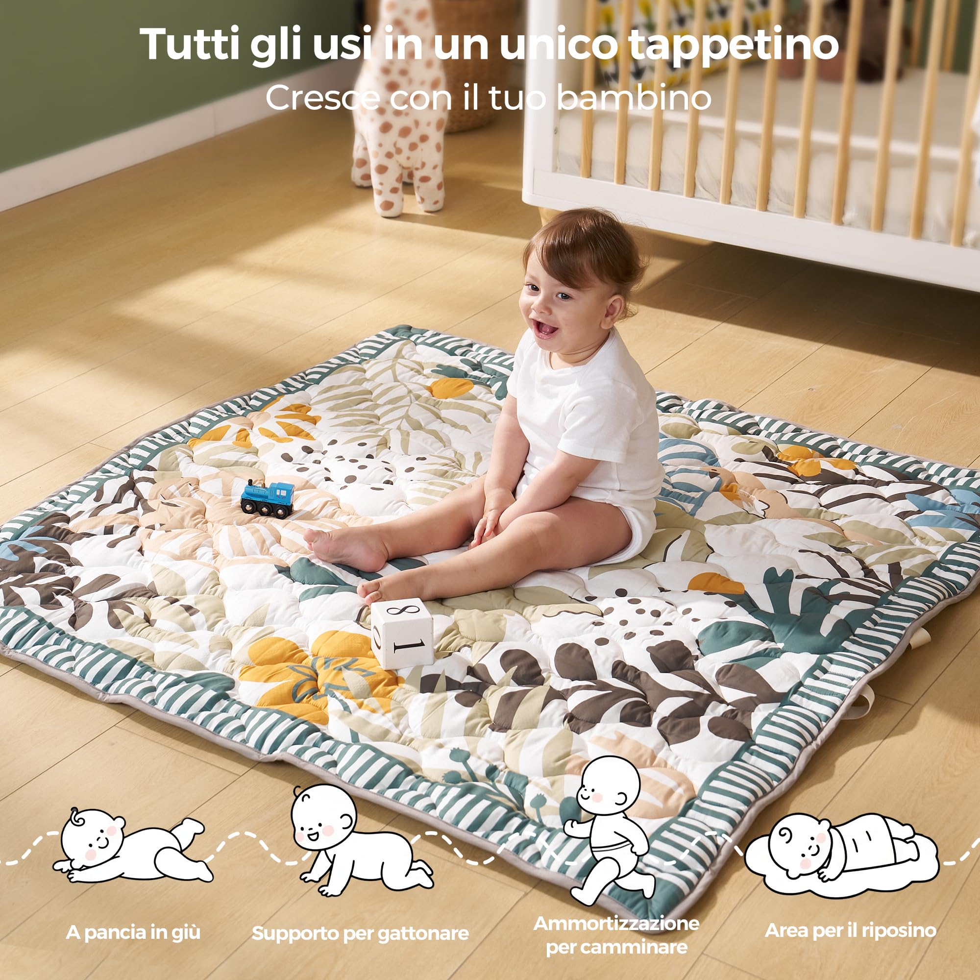 Momcozy Tappeto Gioco Bambini per Pavimento 127 x 127 cm, Tappeto per Box Spesso per Tummy Time, Impermeabile e Antiscivolo, Pieghevole da Esterno con Maniglia, Mondo Foresta