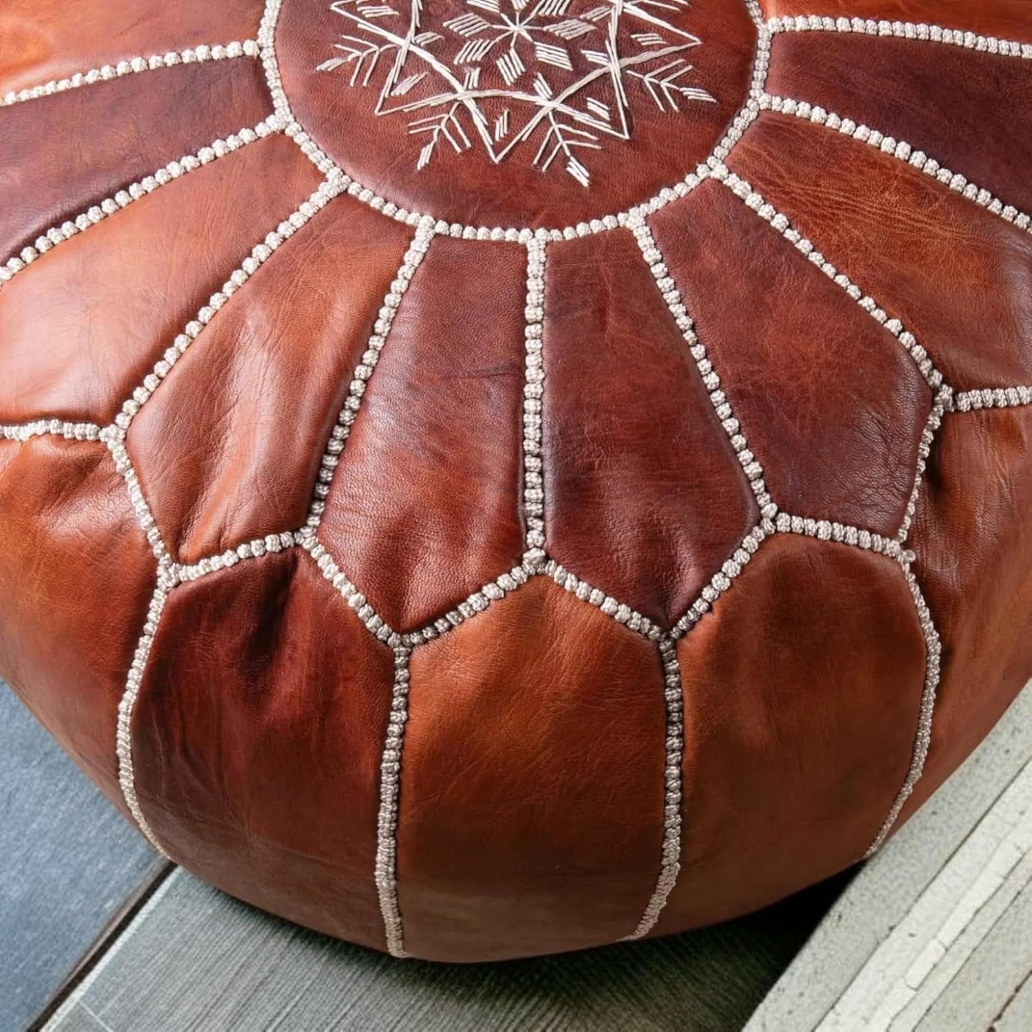 Handcrafted Moroccan Leather Pouf Ottoman, Snowflake Embroidered, Brown, Traditional Floor Cushion