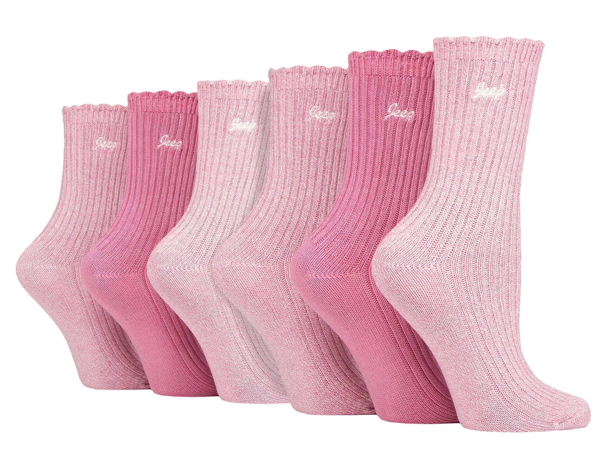 Jeep Women 6 Pack Bamboo Boot Socks Cute Scalloped Top Socks (4-8, Cerise/Cream)