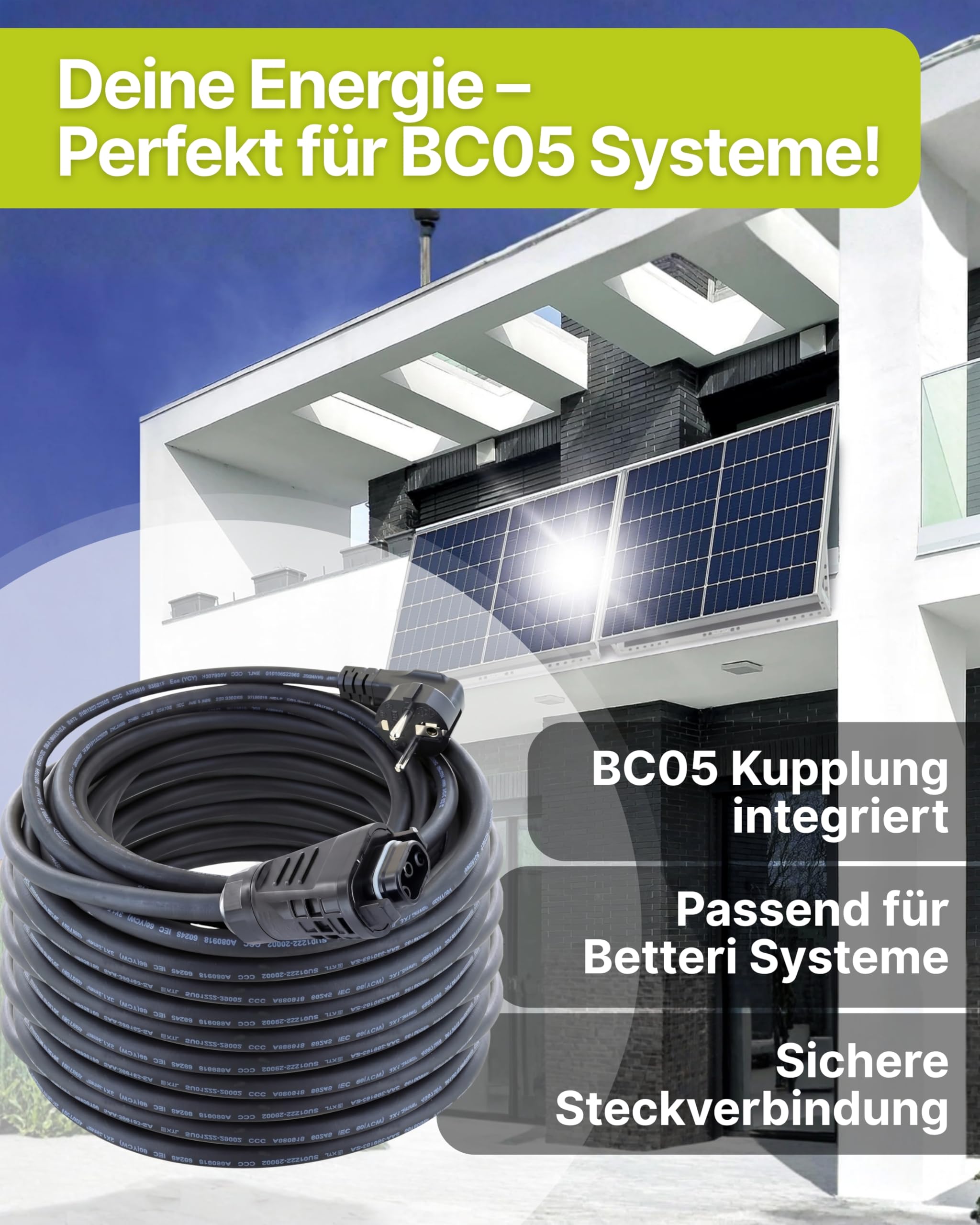 SCHWAIGER Wechselrichter-Anschlusskabel 20m I Solarkabel mit Betteri BC05 Kupplung I Robustes H07RN-F Balkonkraftwerk Anschlusskabel bis 3500 W I Wetterfester Schutzkontaktstecker Typ F I Schwarz