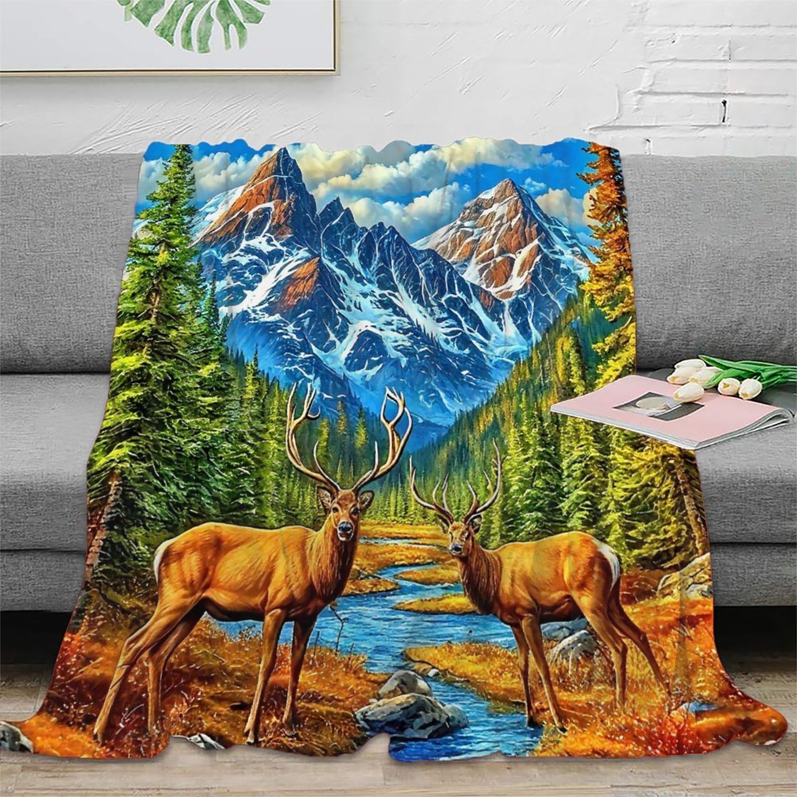 Couverture imprimée 3D cerf en microfibre douce et chaude plaid canapé camping voyage 127x152