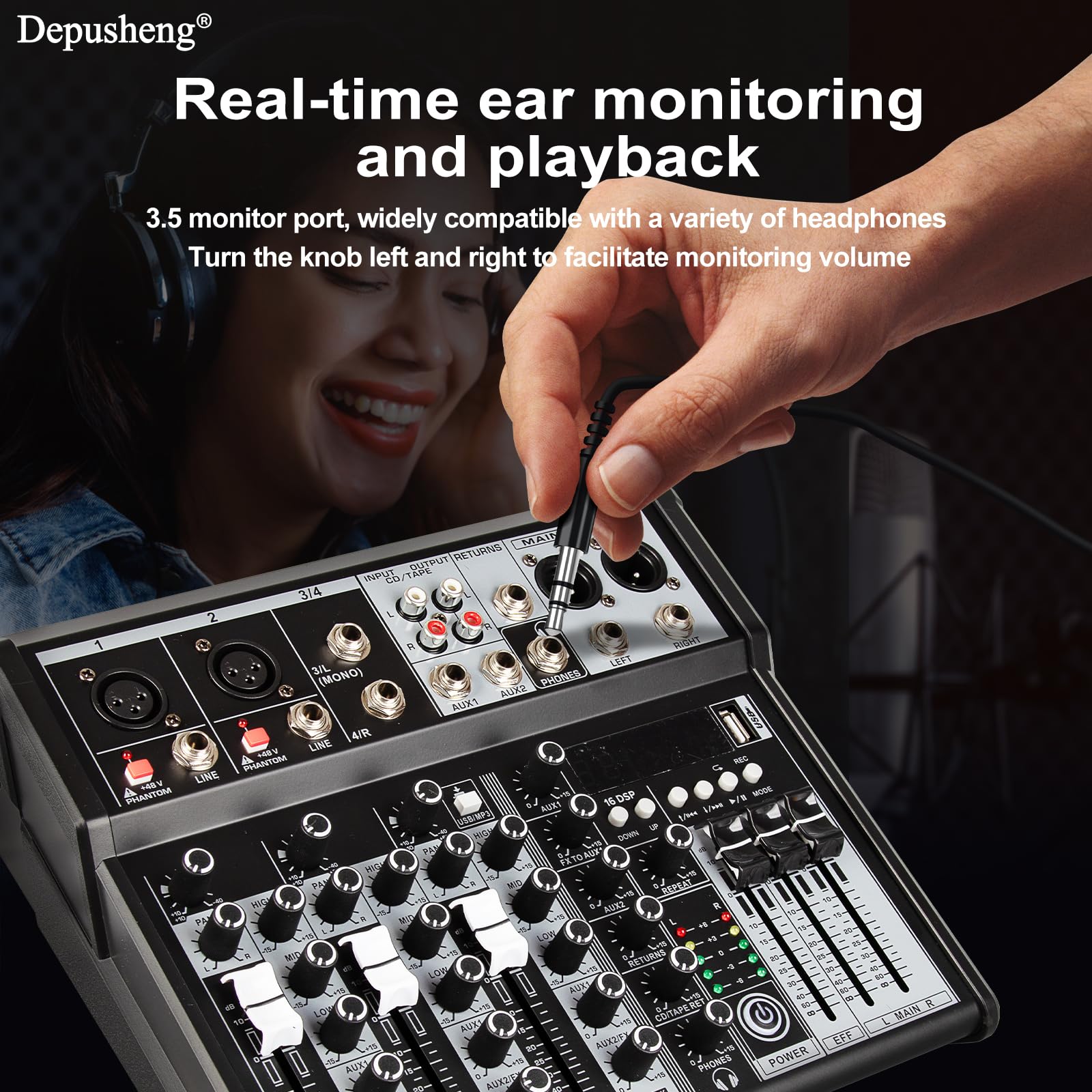 Mezclador de Audio Profesional, 4 Canales, Consola de Mezclas con Interfaz de Sonido, Procesador DSP de 16 Bits, Bluetooth, Phantom +48V para Karaoke, Estudio y Grabación
