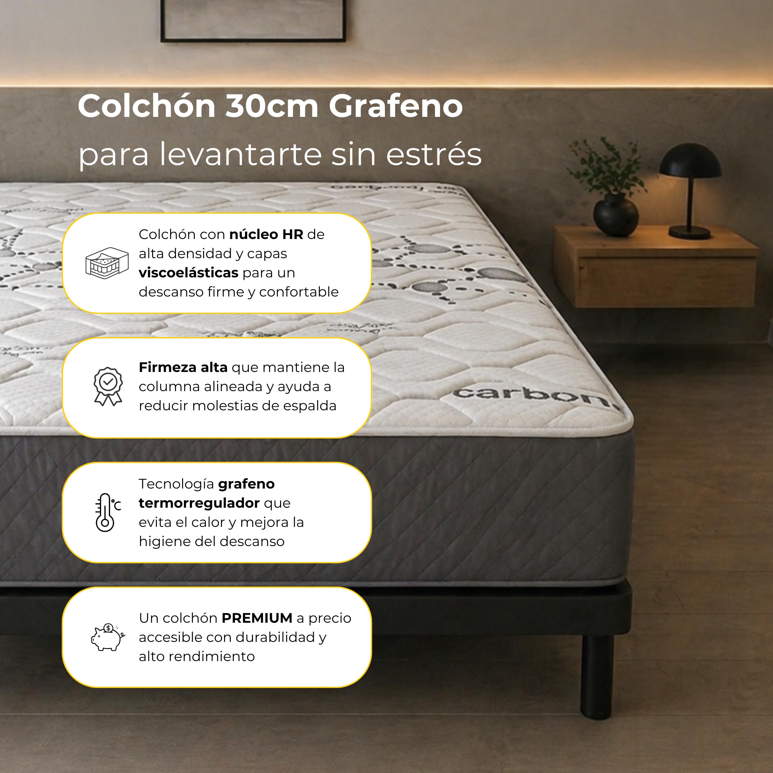 Colchón Viscoelástico Anti-Stress 30cm Firmeza Muy Alta 150x190 Fabricado en España