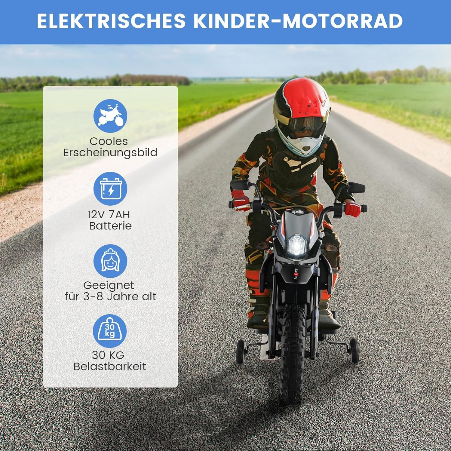 FANTASK 12V Elektromotorrad für Kinder 5,5-6 km/h, Kindermotorrad mit Stützrädern & Musik & Scheinwerfer, Blaue und Schwarze Motorrad für Kinder von 3 bis 8 Jahren, Blau