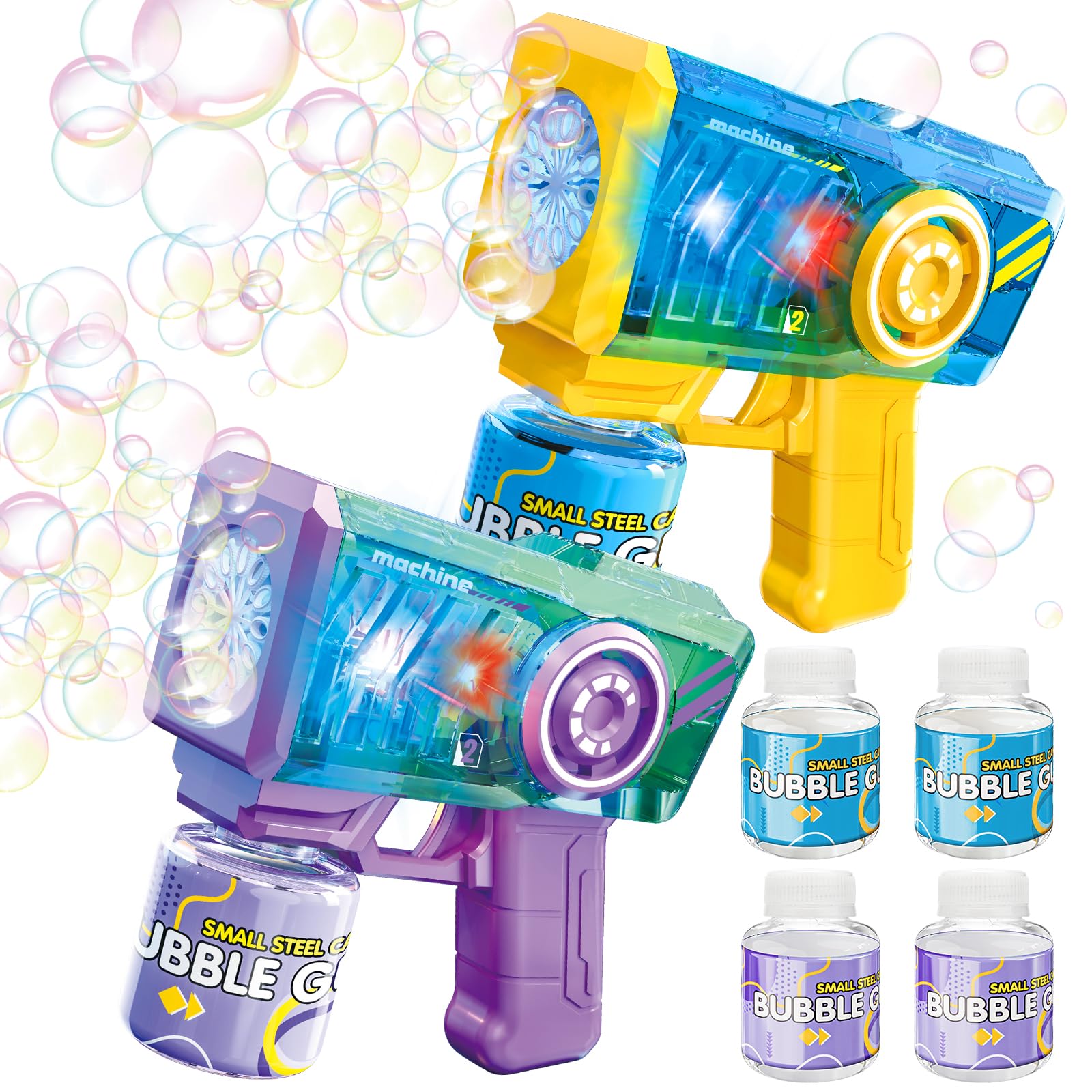 deAO 2 pistolety do baniek mydlanych, automatyczny pistolet do baniek bąbelkowych z lampami, 4 x 90 ml roztworu bąbelkowego, maszyna do baniek bąbelkowych, zabawki ogrodowe, prezent na wesele