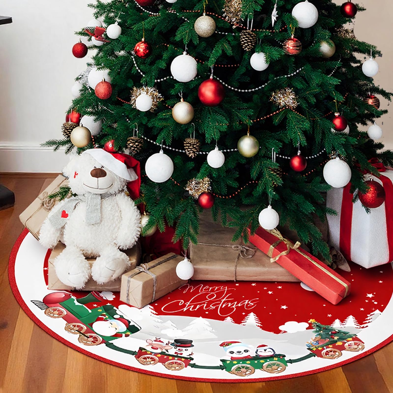 Falda de Árbol de Navidad, Alfombra de Árbol de Navidad, con Motivos de Muñecos de Nieve, Copos de Nieve y Trenes, para la Decoración Navideña del Hogar, Rojo