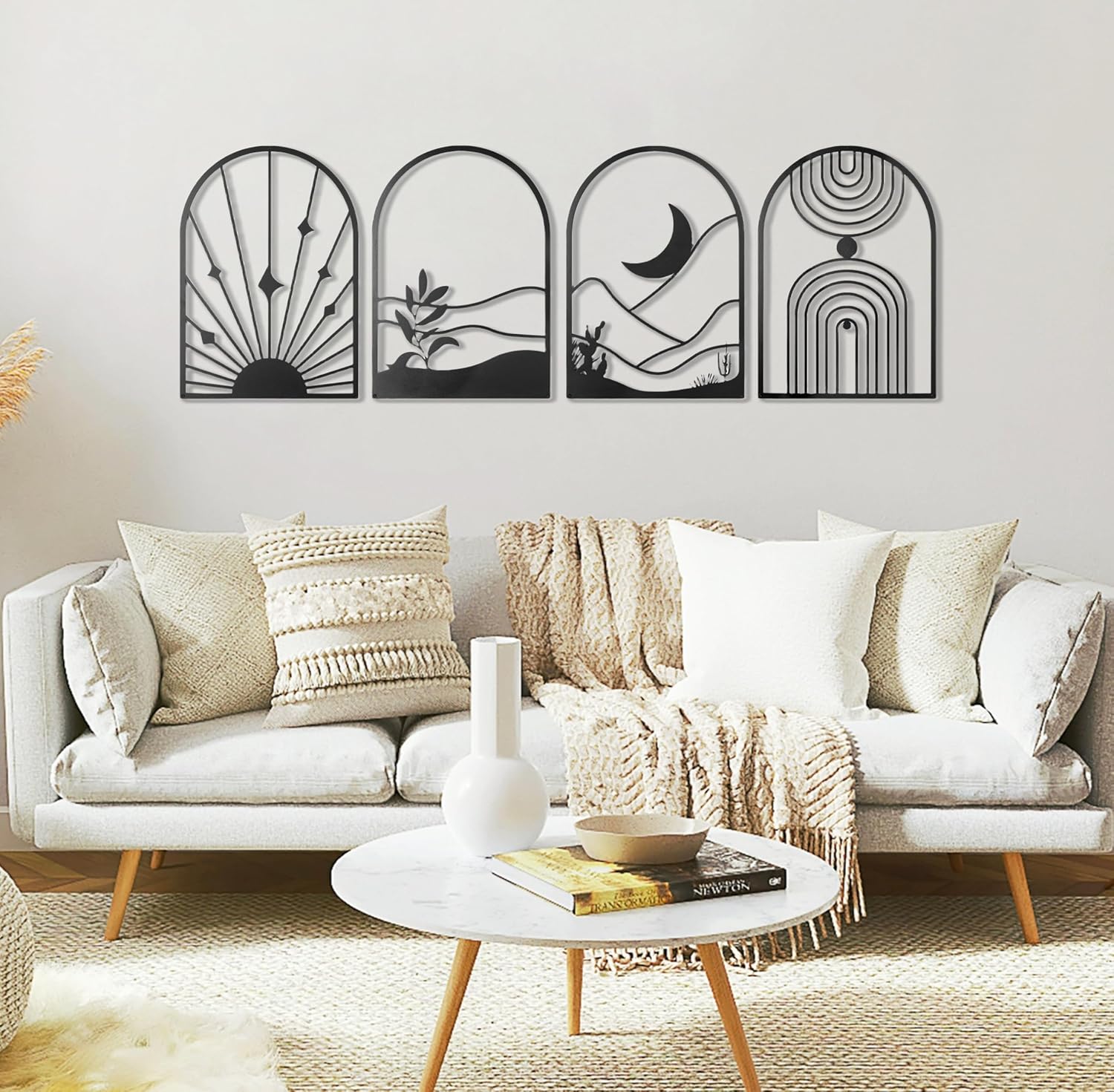 IcosaMro Boho Black Metal Wall Decor for Living Room Abstract Minimalist Bedroom Wall Art Modern 3D Wall Sculptures Black and White Framed Pictures, 4 Pack