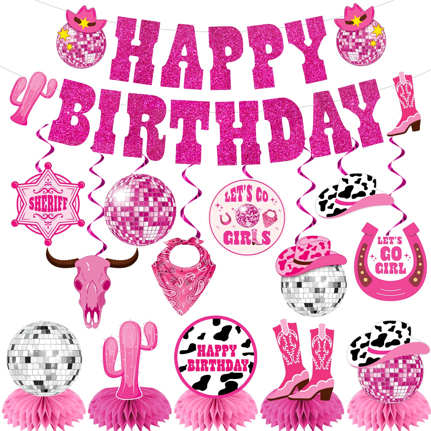 14pcs Cowgirl Birthday Party Decorations, No-DIY Glitter Hot Pink Disco Western Cowgirl Birthday Party Decorations Banner Hanging Swirls Honeycomb