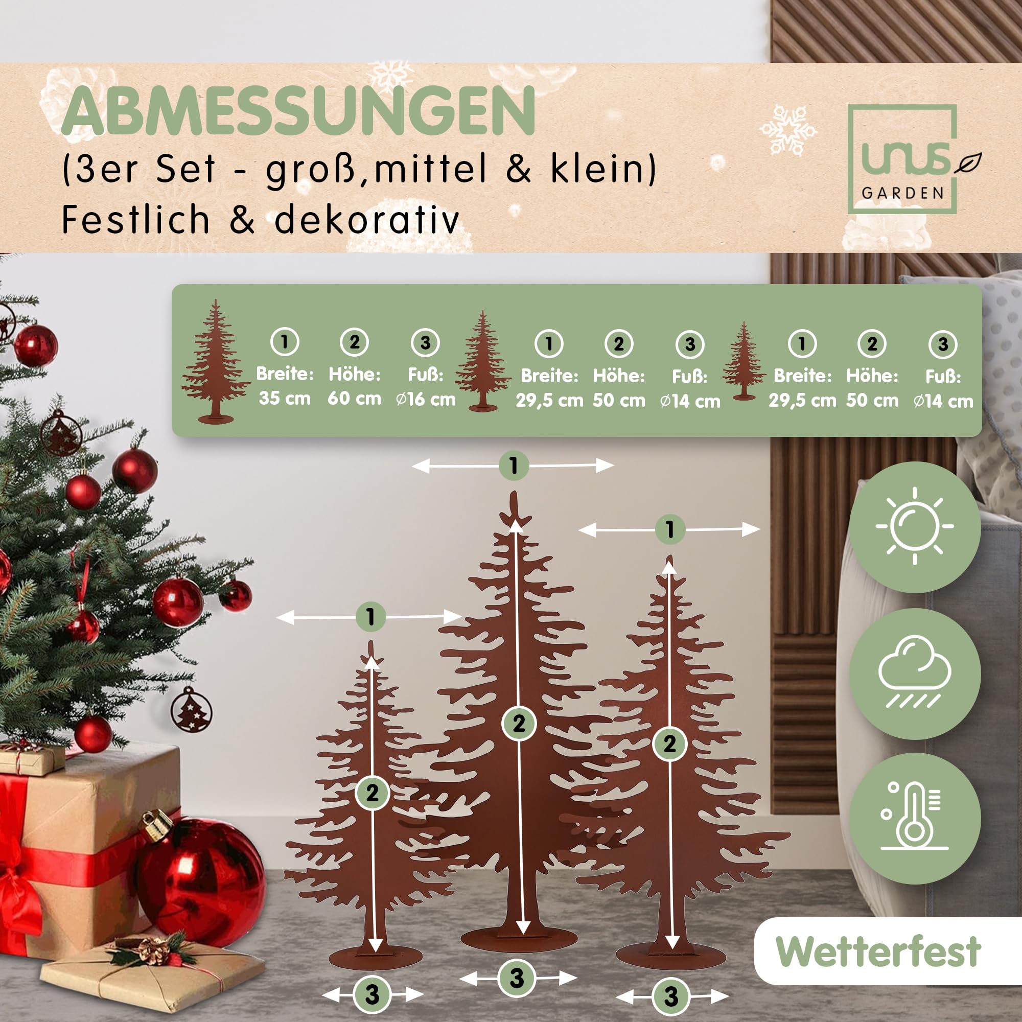 UNUS - Set di 3 decorazioni in metallo a forma di albero di Natale arrugginito, per interni ed esterni, dimensioni: piccolo, medio e grande