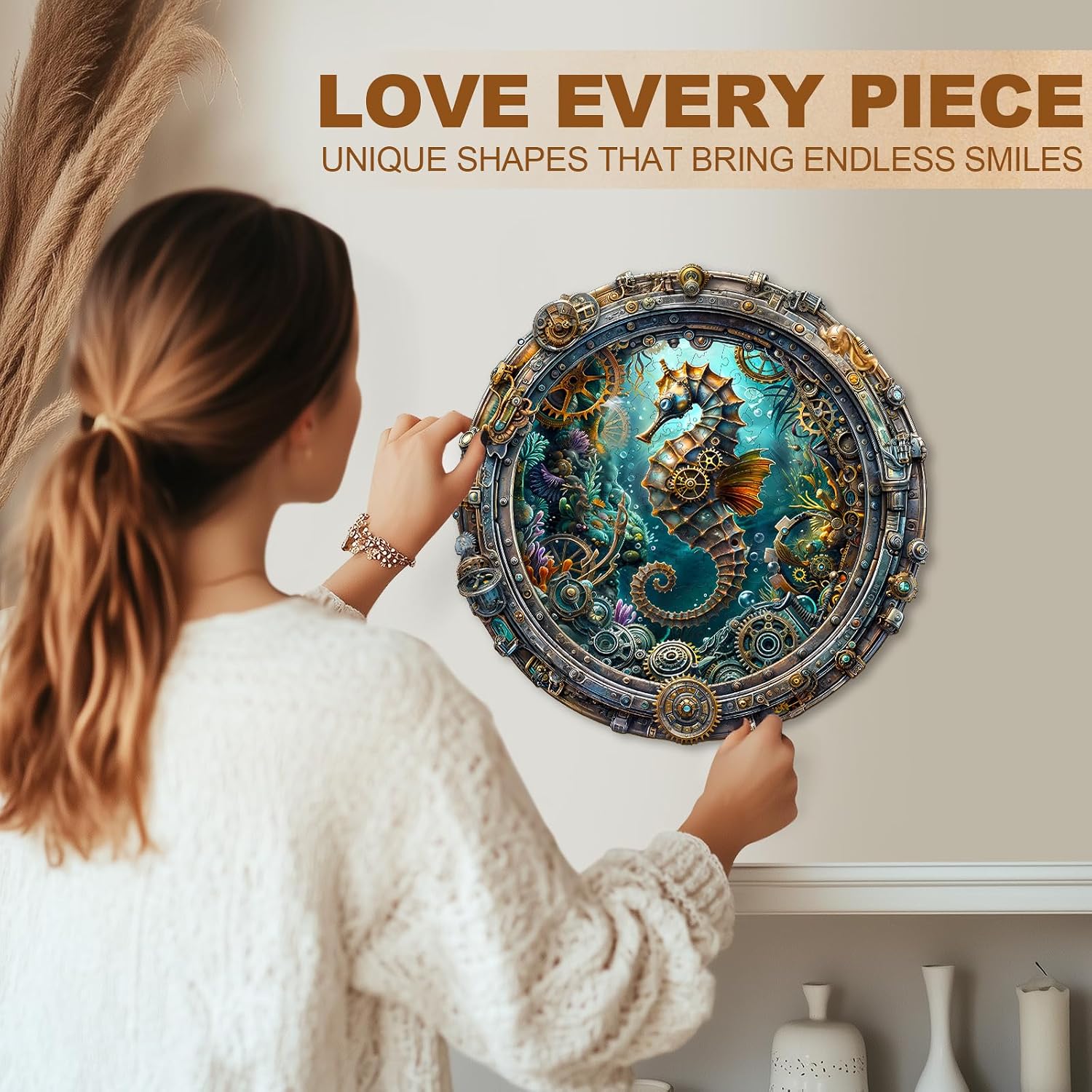 WOODBESTS Wooden Puzzles for Adults(300 Pieces-13.4 * 13.2in) Abyssal Seahorse Wood Puzzles Adult-Unique Shape Wooden Jigsaw Puzzles with Wooden Storage Box-Personalized Gifts for Puzzle Lovers