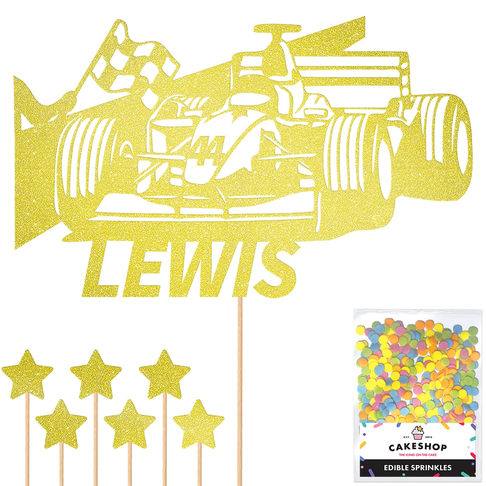 Personalised F1 Motor Racing Car Glitter Cake Topper, Champagne Custom Age & Name Glitter Cake Decoration and Sprinkles