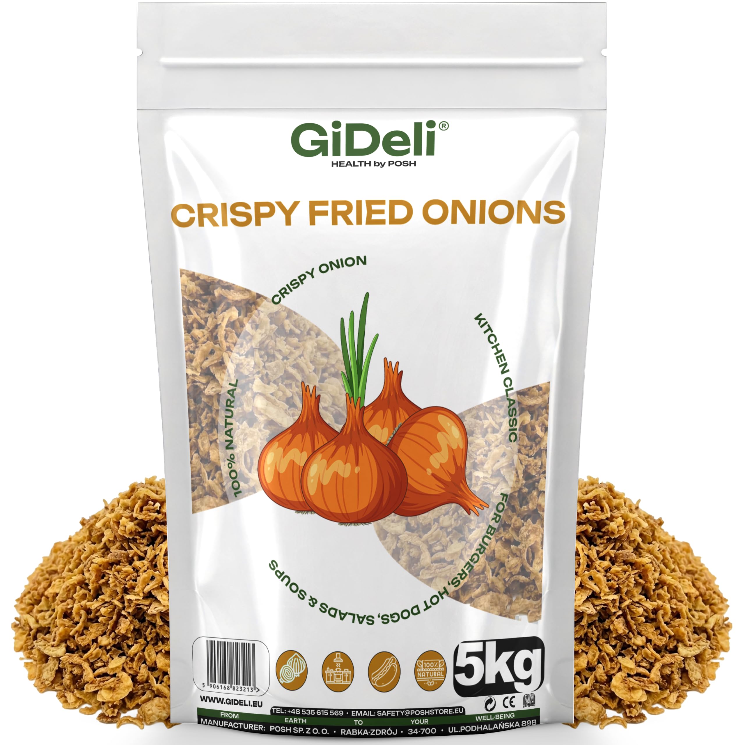 GiDeli Röstzwiebeln 5kg - Knusprig Geröstete Zwiebeln, 100% Natürlich - Kross & Aromatisch für Hot Dogs, Burger & Salate - Gebratene Zwiebeln zum Verfeinern von Suppen, Aufläufen & Fleisch