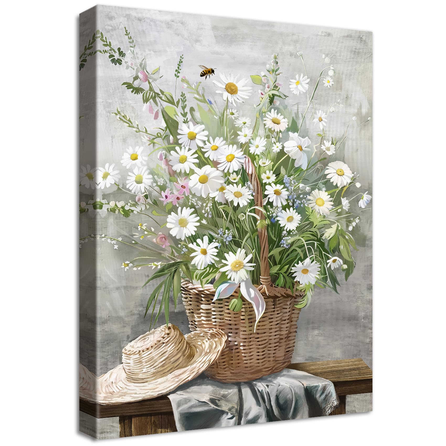 Wooden Framed Canvas Wall Art Daisy Flowers Basket Painting on Canvas Prints Straw Hat Rustic Floral Poster Farmhouse Botanical Pictures for Living Room Bedroom Hallway Corridor Wall Decor 30x40cm โ image 1