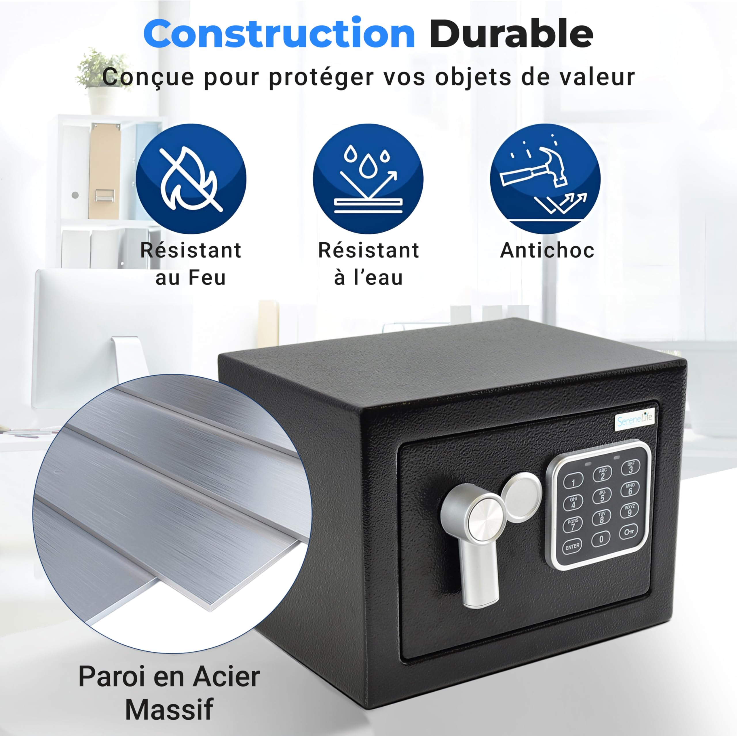 SereneLife Coffre-Fort Numérique en Acier – 23x17x17 cm, Sécurité Électronique + Clé, Rangement pour Argent, Armes, Bijoux, Passeports – Pour Maison, Hôtels, Placards, Bureau-noir