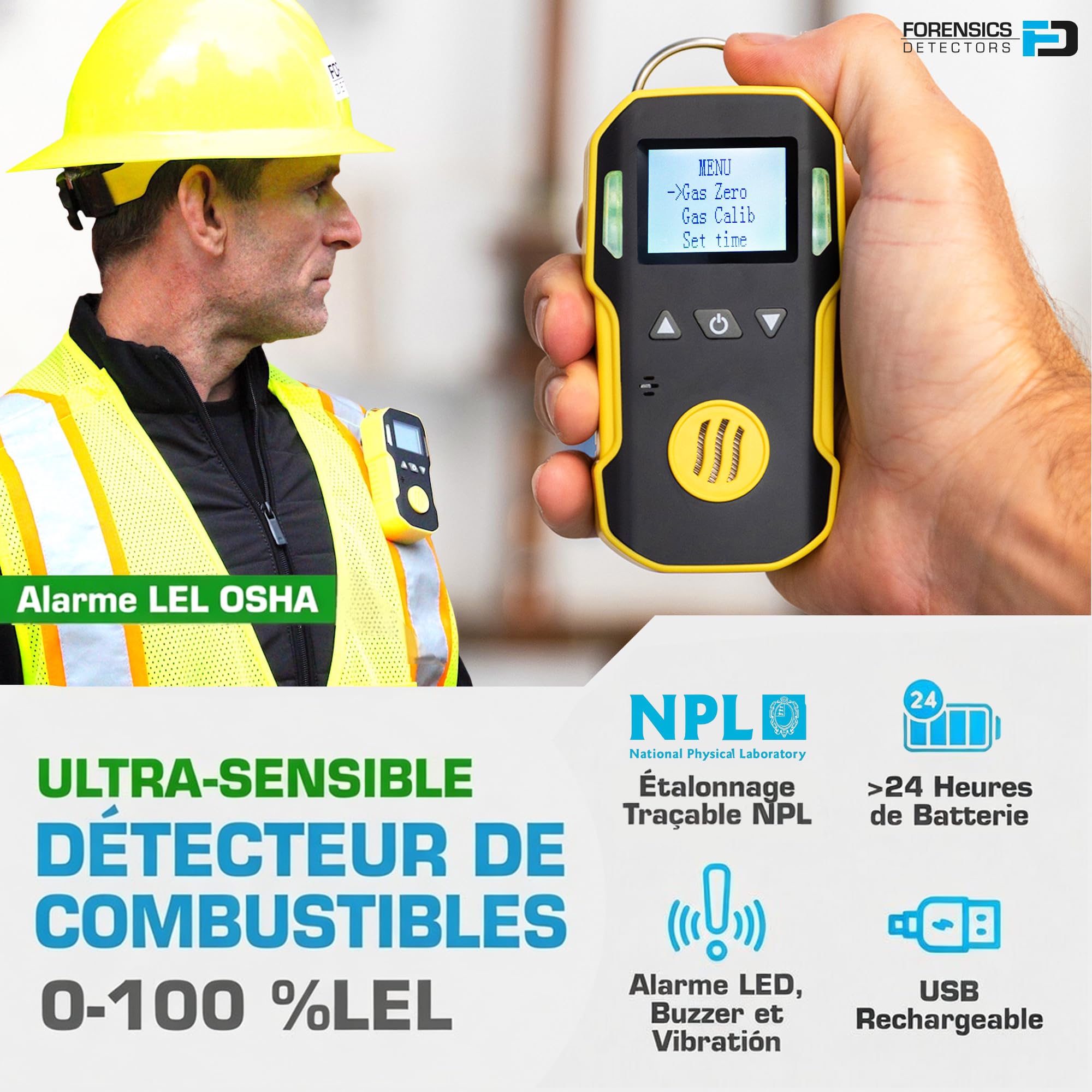 Détecteur de Gaz Combustibles | Certificat d'Étalonnage UE| Recharge USB | Alarmes Sonores, Visuelles et par Vibration | 0–100% LEL EX Calibré Au Méthane