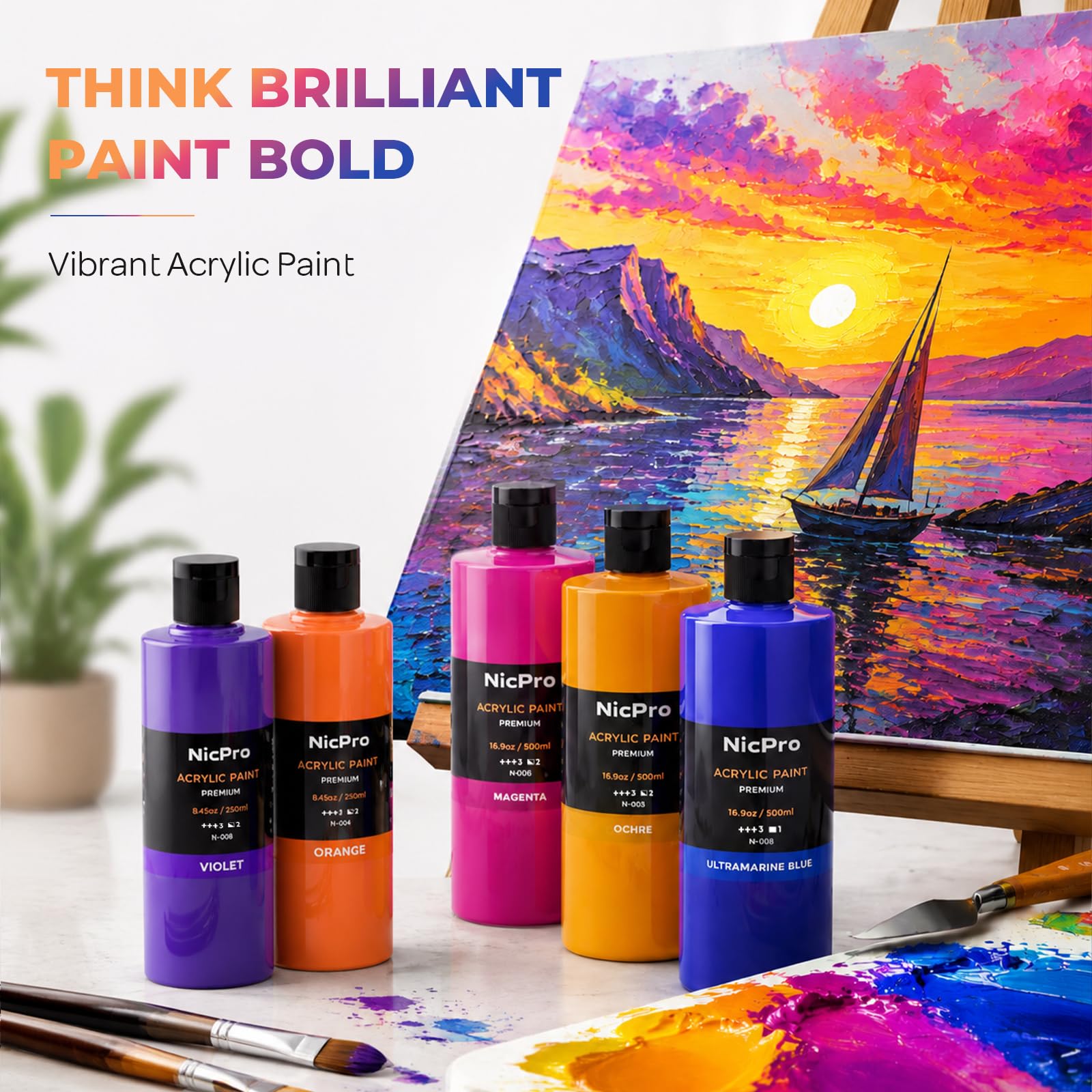 Nicpro lot peinture acrylique 14 x 500 ml, peinture acrylique gros tube en 14 couleurs, couleurs de peinture riches, acrylique non toxique pour de nombreuses surfaces, pour adultes Débutant