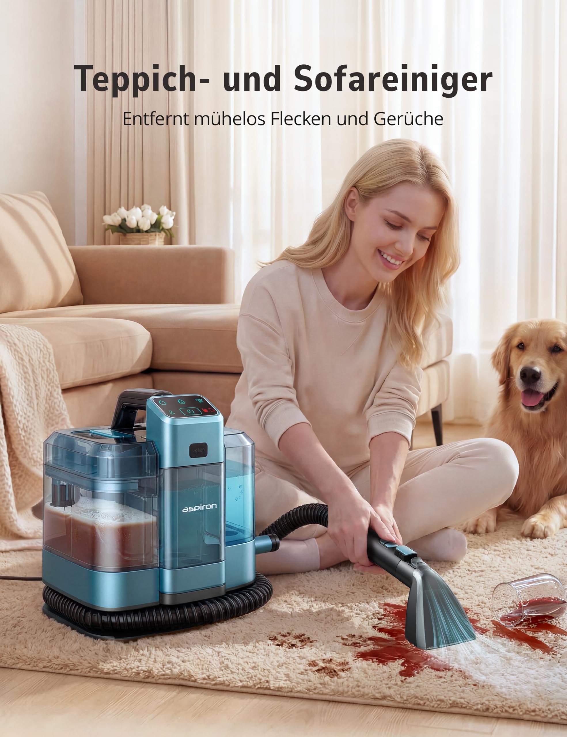 Aspiron Polsterreiniger Gerät, 3-in-1 Dampfreiniger mit Heiß-/Kaltwasser- und Dampfwäsche, 300 ML Teppichreiniger, Nasssauger für Teppich Sofa Auto Matratze, Waschsauger für Haustierbesitzer Familien