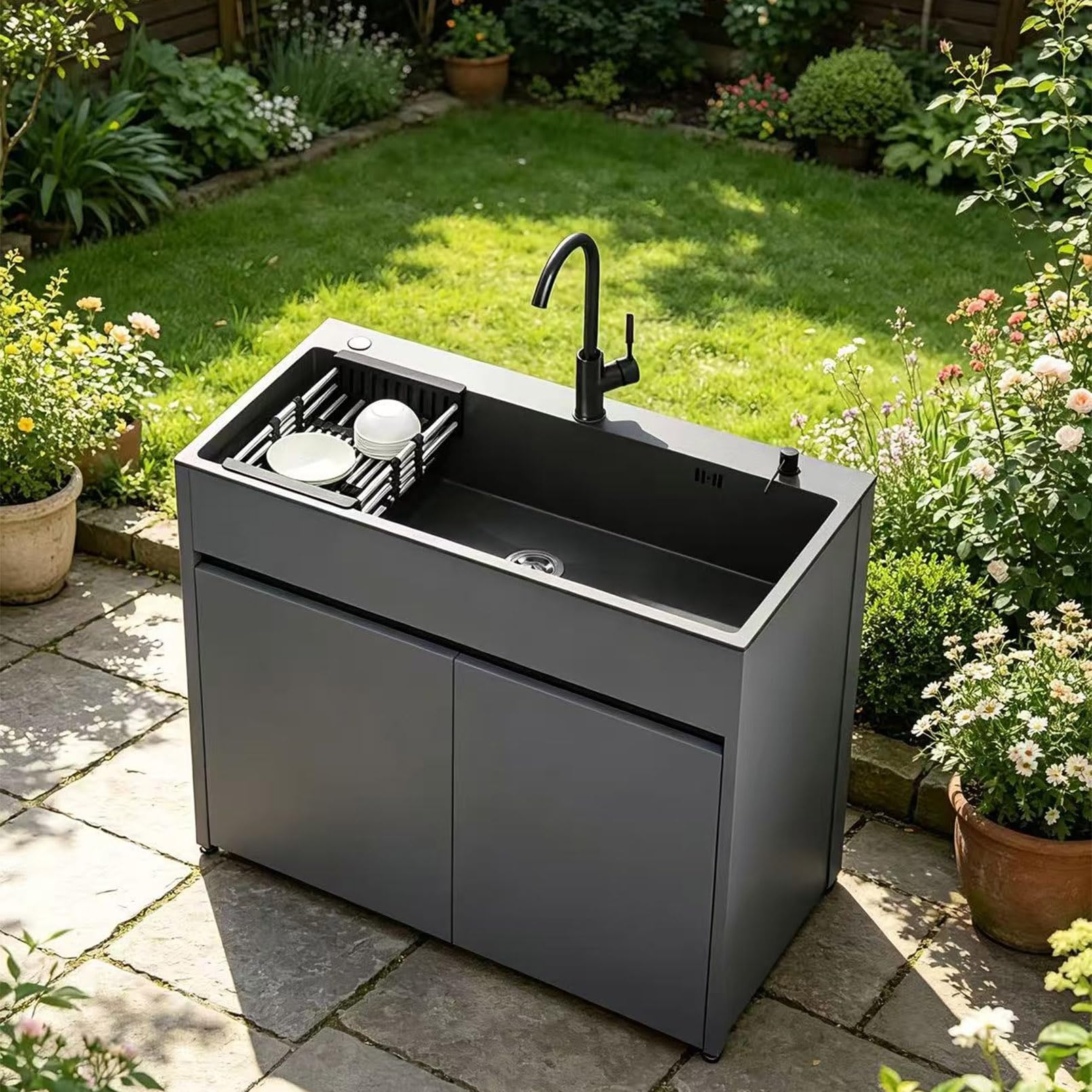 Mobile Lavello Autoportante in Alluminio a Nido d'Ape 68cm Lavandino in Acciaio Inox con Miscelatore Acqua Calda/Fredda e Dispenser Sapone, Mobiletto Salvaspazio per Esterno, Giardino e Garage