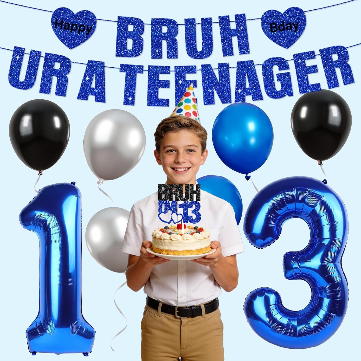 13th Birthday Party Decorations for Boys, Pre-Strung BRUH UR A TEENAGER Banner Foil Balloons Latex Balloon Cake Cupcake Toppers, Blue Silver 17pcs 13 Years Old Birthday Party Favor Supplies