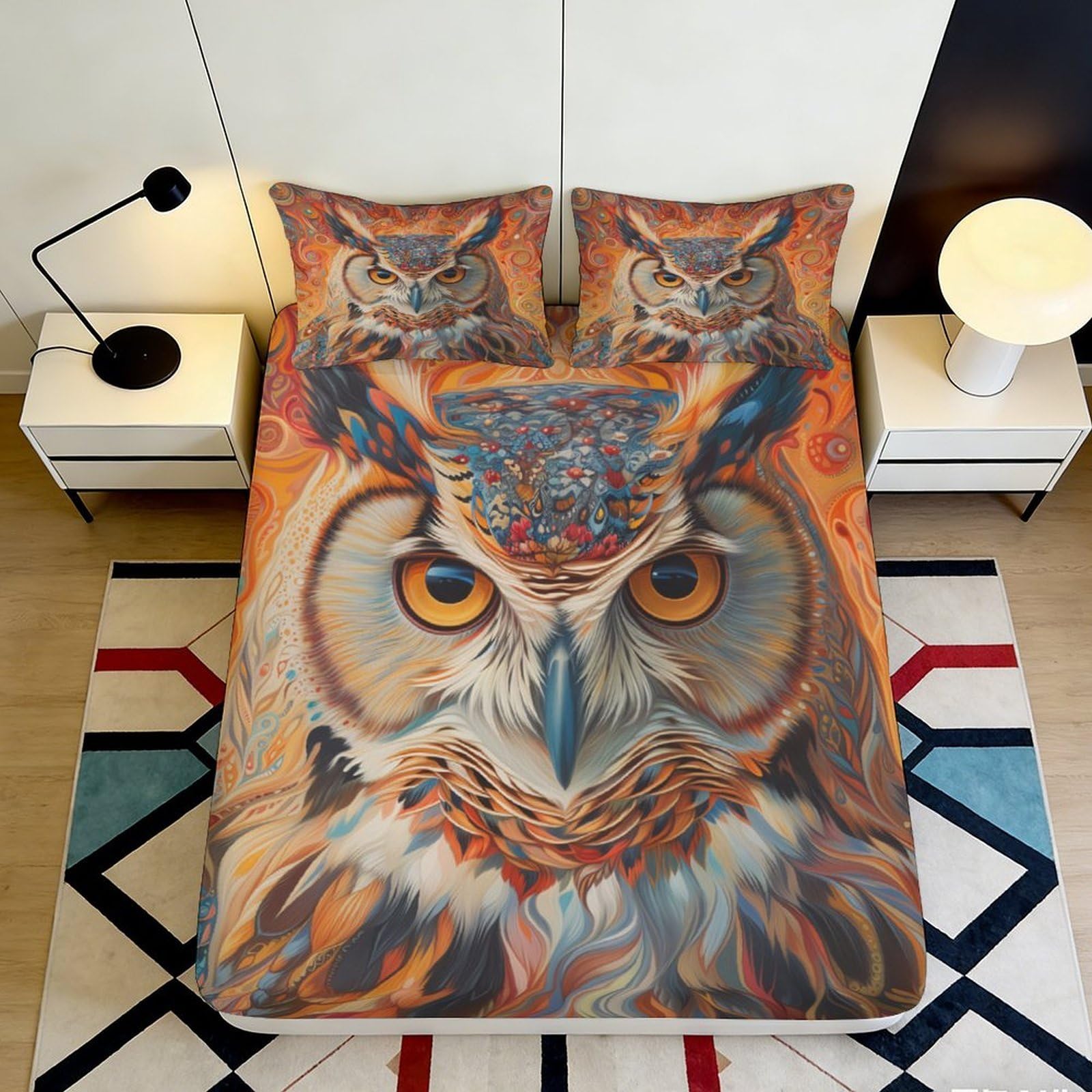 3D Printed Owl Art Fitted Sheet Microfiber Vibrant Orange Bedroom Decor Mattress Cover for Home Dorm Room Protection 90x200x25cm