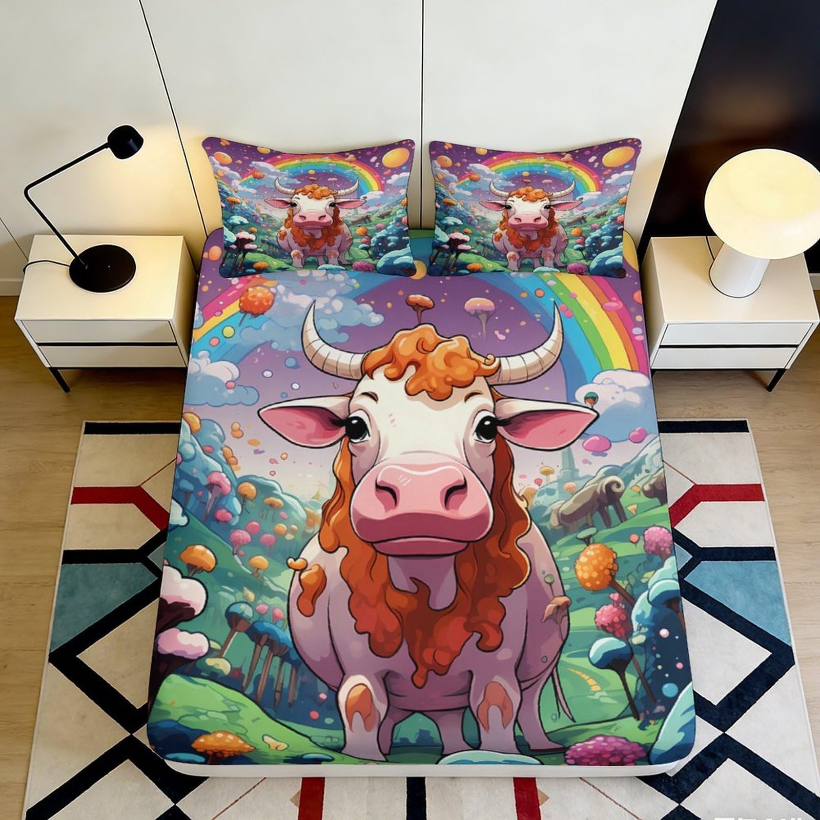3D Printed Rainbow Cow Fitted Sheet Microfiber Soft Durable Pastoral Farm Mattress Cover for Bedroom Decor Protection 90x200x25cm