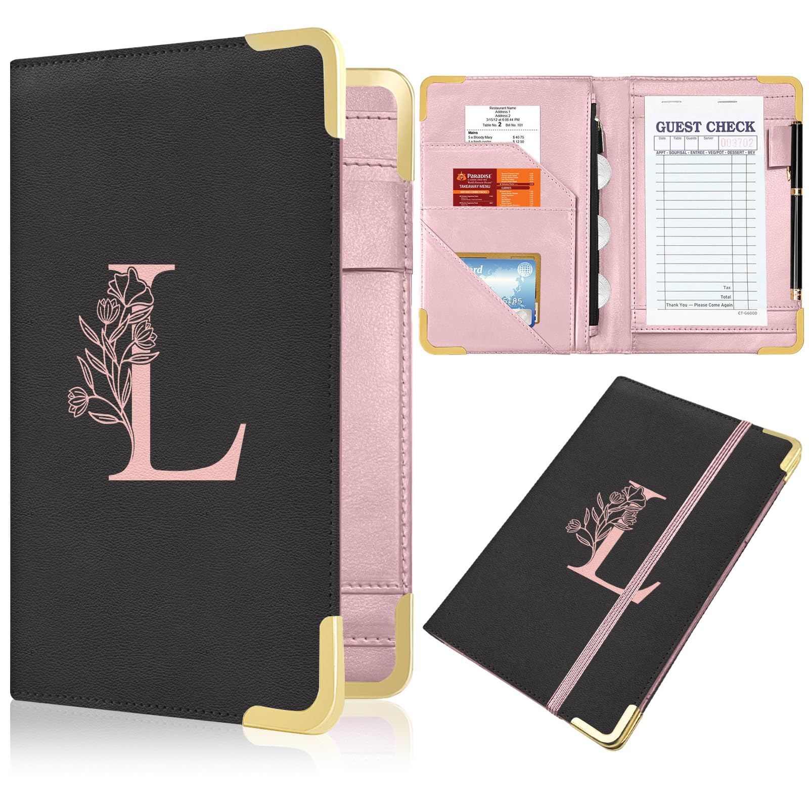 Server Book, Alphabet Waitress Book for Waitress, Leather Waitess Book with Zipper Pocket, Server Manual Checkbook Fits Server Apron (L)