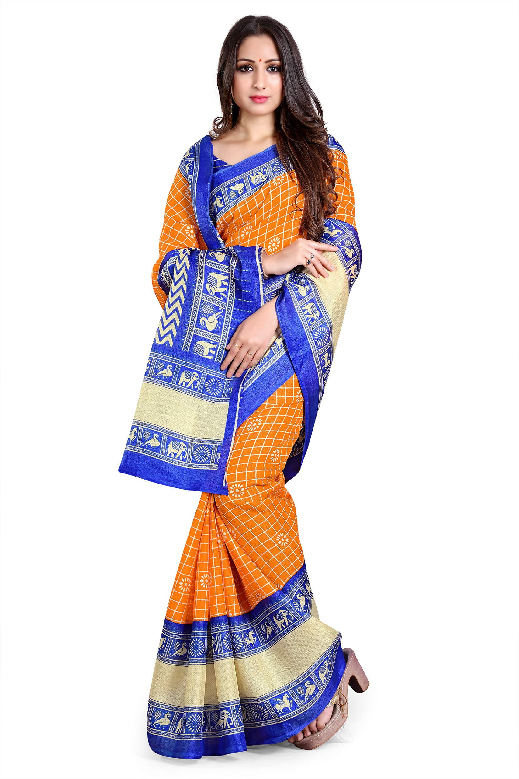 Shasmi Sari da donna in seta stampata con blusa Khadi 1 arancione blu e reale, Arancione e Blu Reale, taglia unica