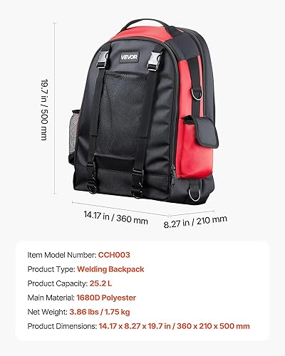 Miniatura 7 de VEVOR Mochila de soldadura, mochila de soldador de 25.2L para herramientas y casco, paquete de equipo extremo de poliéster de alta densidad 1680D