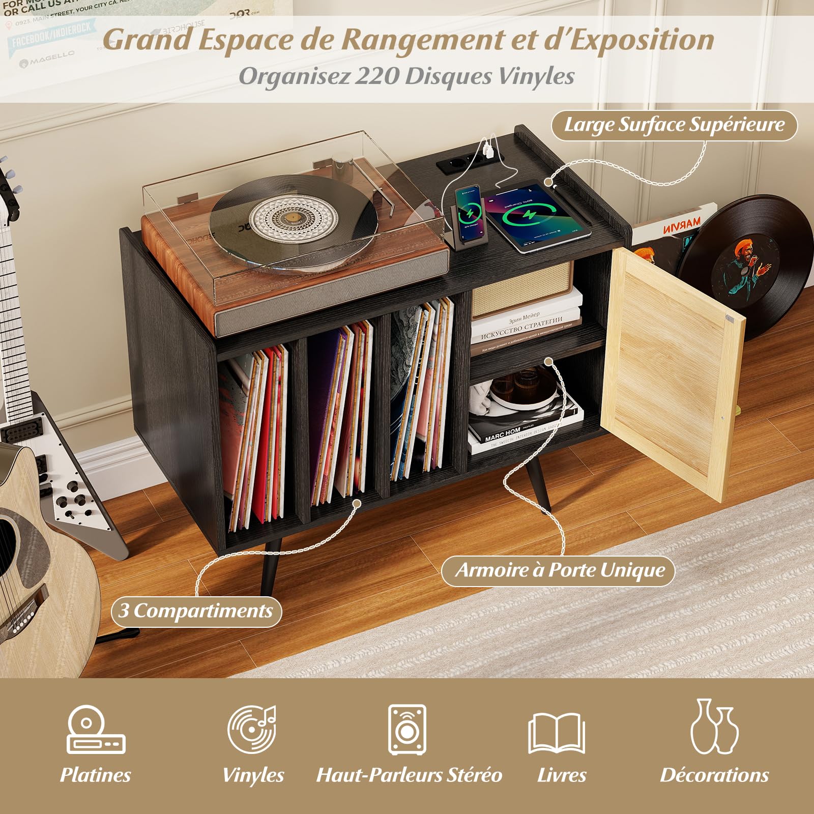 COSTWAY Meuble Vinyle avec Prise, Rangement Vinyle pour 220 Albums, Rangement CD/DVD Manga, Armoire à Porte Cannage,Support pour Tourne-disque, Meuble Hifi pour Salon, Chambre (Noir)