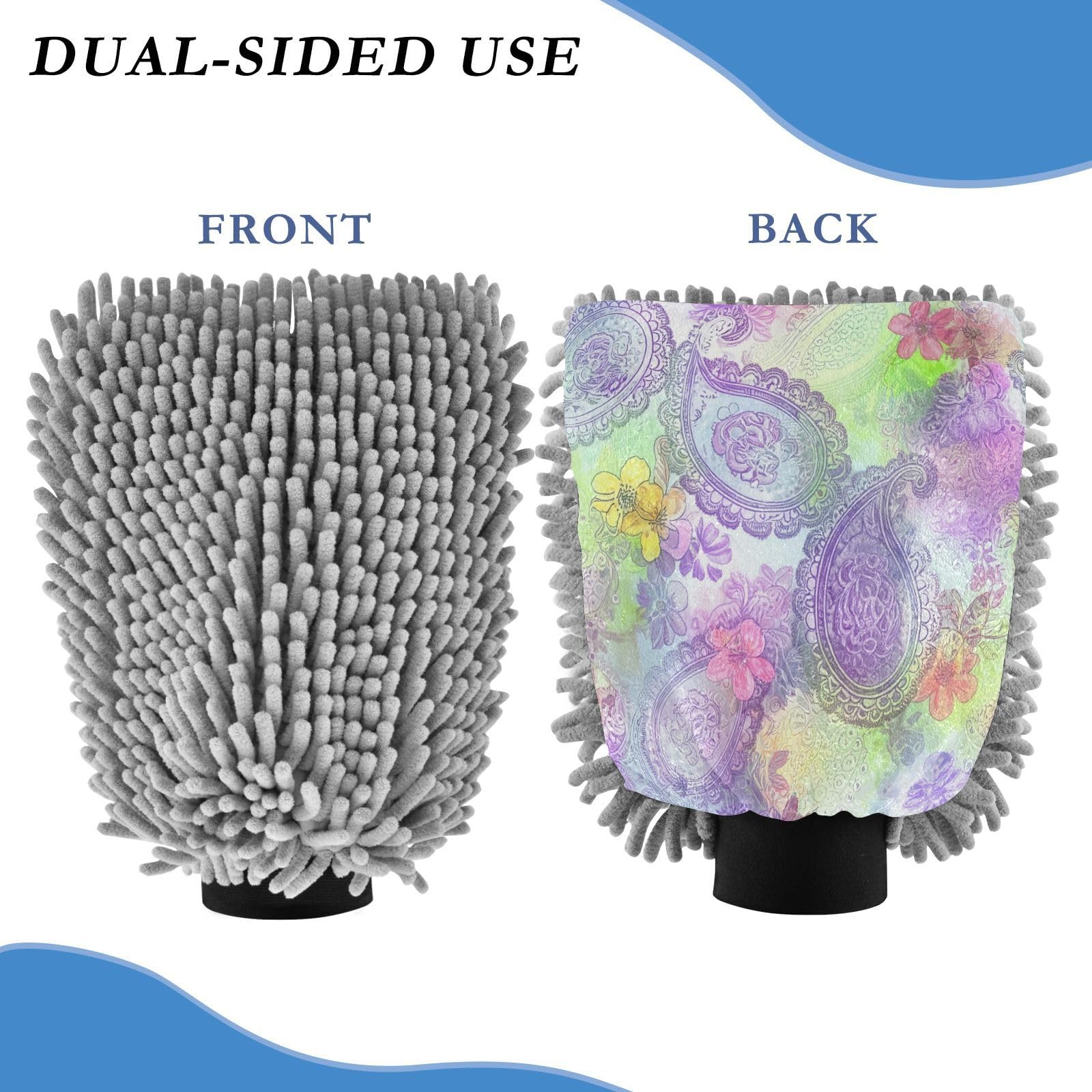 Kigai Beautiful Ethnic Retro Flowers Car Wash Mitt Microfiber, 2Pcs Scratch Free Lint-Free, Premium Chenille Microfiber Mitt Car Wash Brush-M
