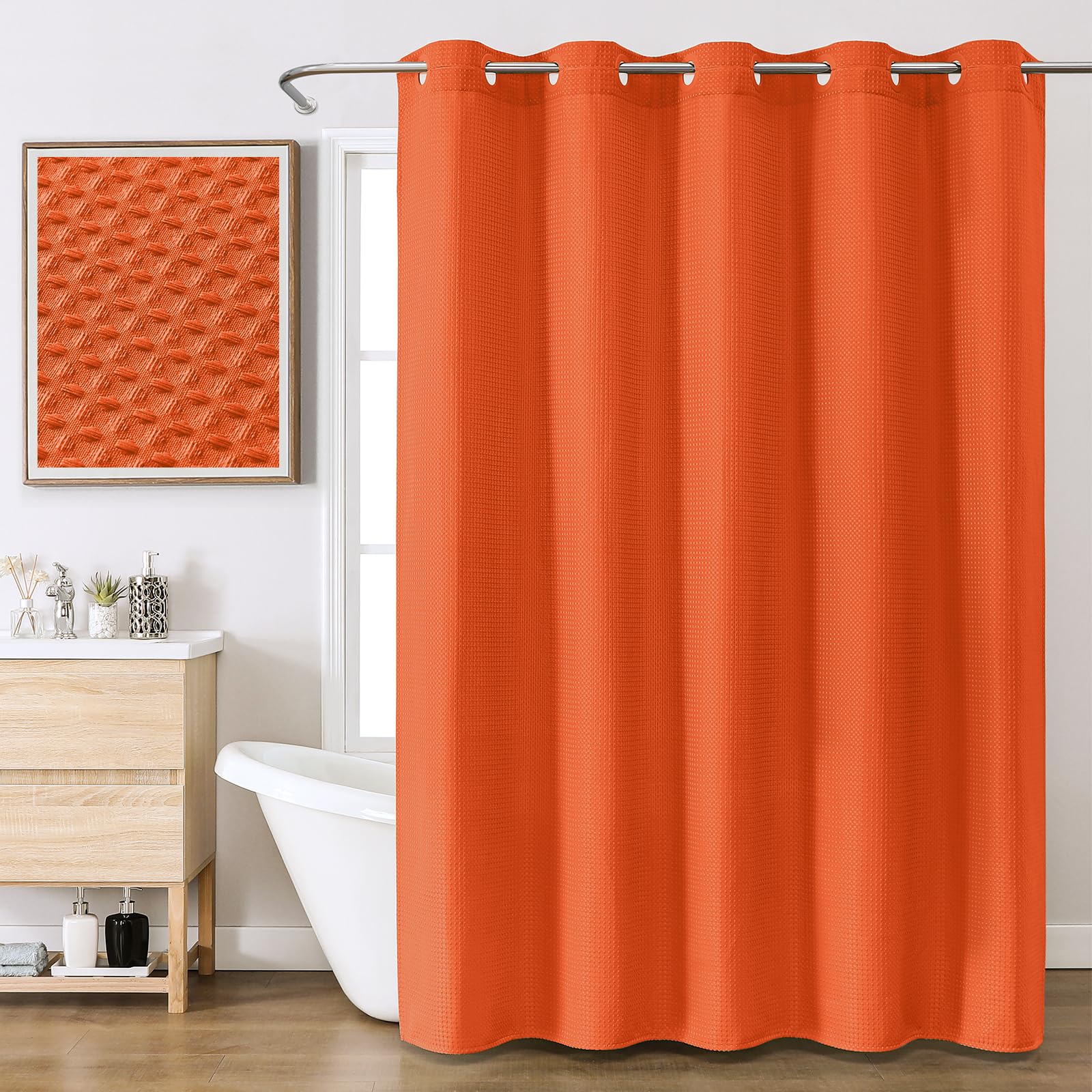 FY&XZH No Hook Waffle Shower Curtain with Laminated Waterproof Backing,Hotel Style Bath Curtain with Built-in Grommets, Machine Washable Thickened Fabric Shower Curtain for Bathroom,72W x 75H, Orange