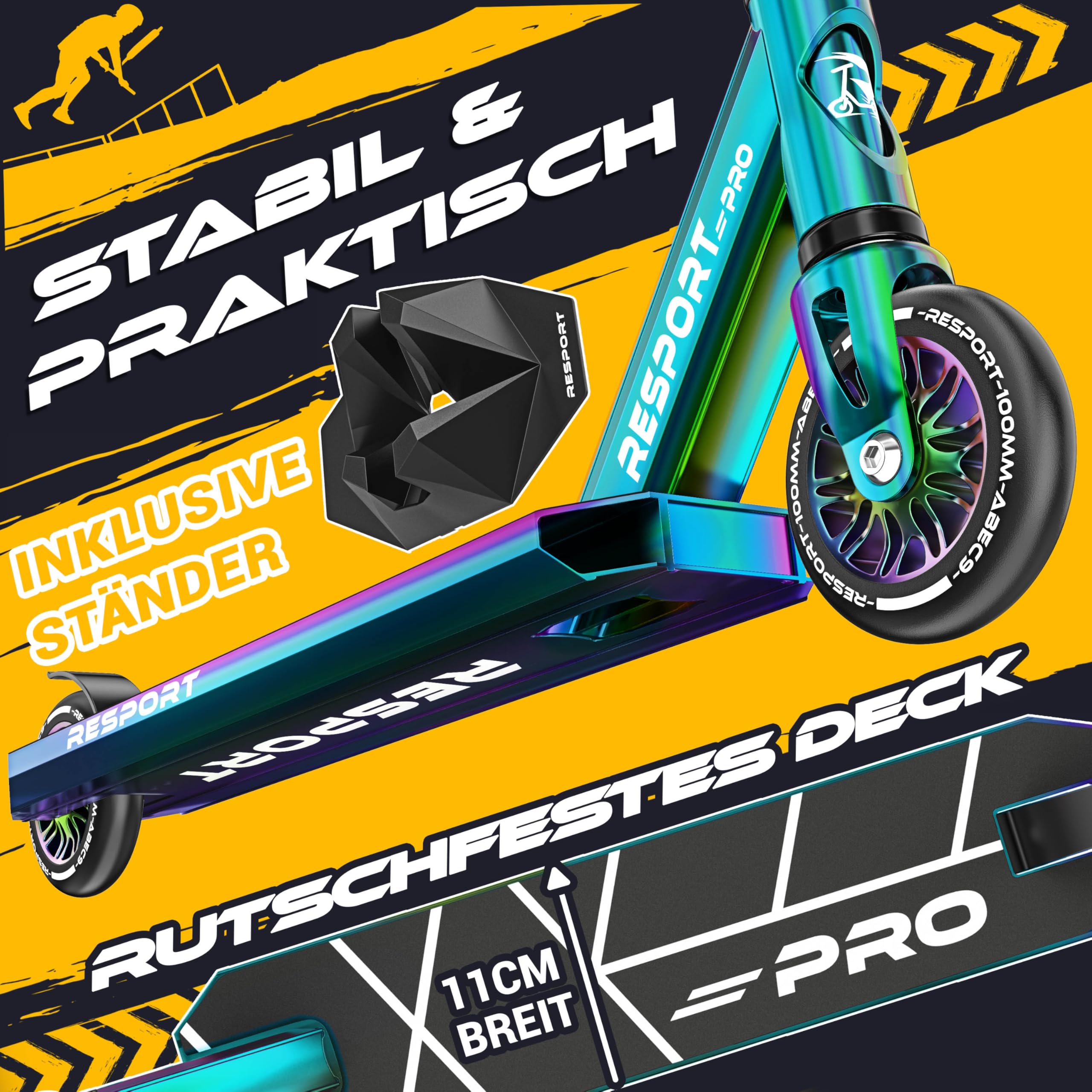 RE:SPORT® Stunt Scooter REVO PRO für Kinder & Erwachsene mit Ständer | Profi Stuntroller 110mm PU Wheels & Y-Bar | Stuntscooter Kickscooter ABEC 9 Kugellager | Tretroller Trickroller