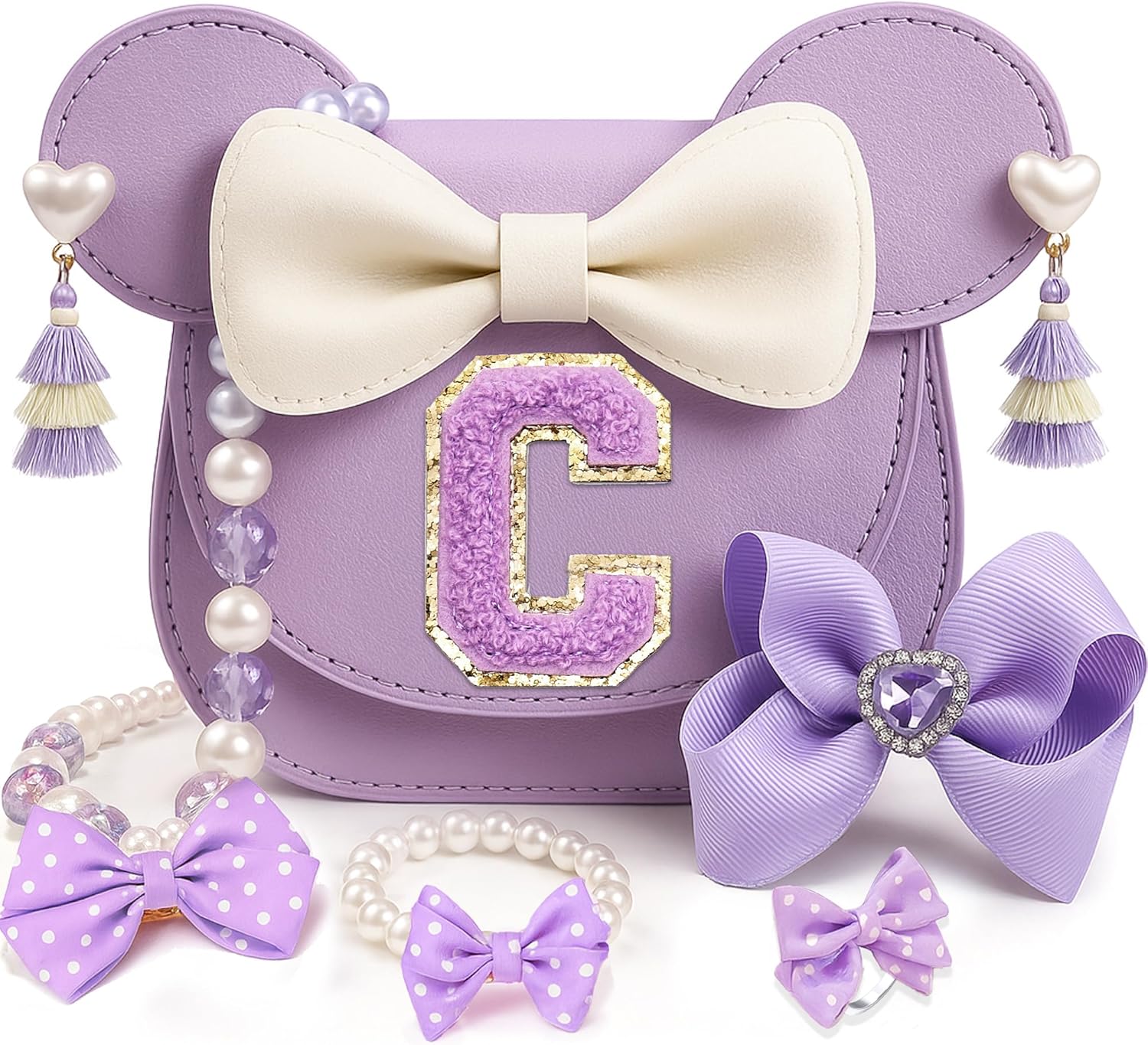 toddler purse gifts for girls, little girl gifts princess dress up jewelry mermaid toys mini mouse ears birthday gifts for girls 3 4 5 6 7 8 year old (c, purple)