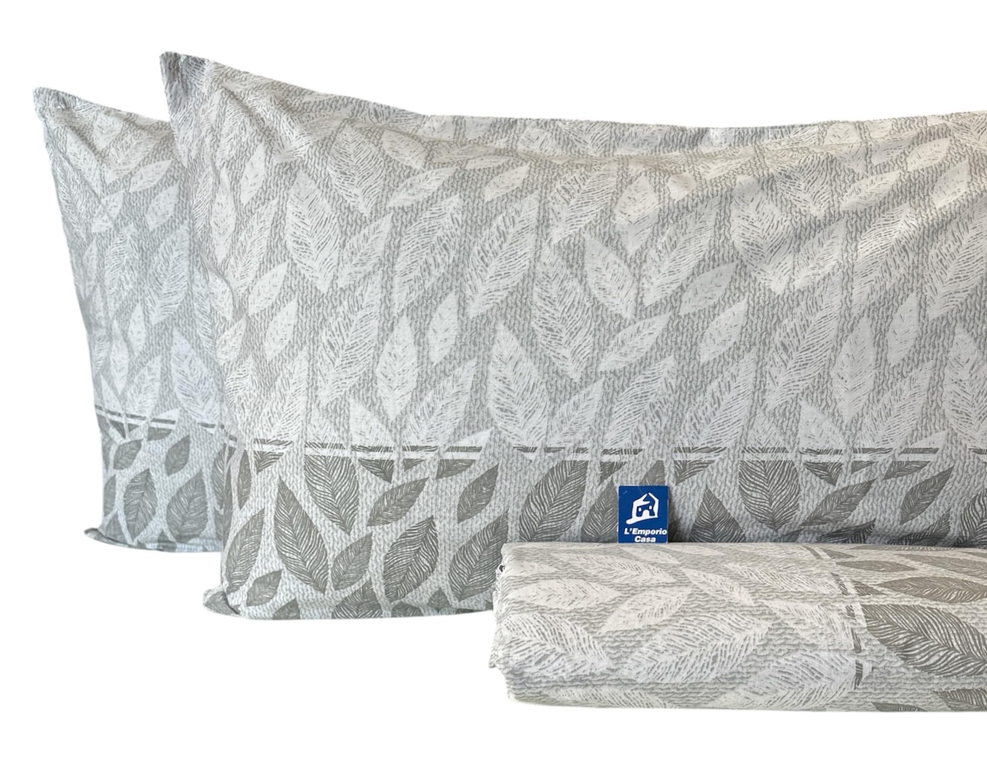 L'Emporio Casa Set Lenzuola Completo Matrimoniale di Cotone 100% Morbidissime Eleganti - Varie Fantasie (Fogliolina Grigia)