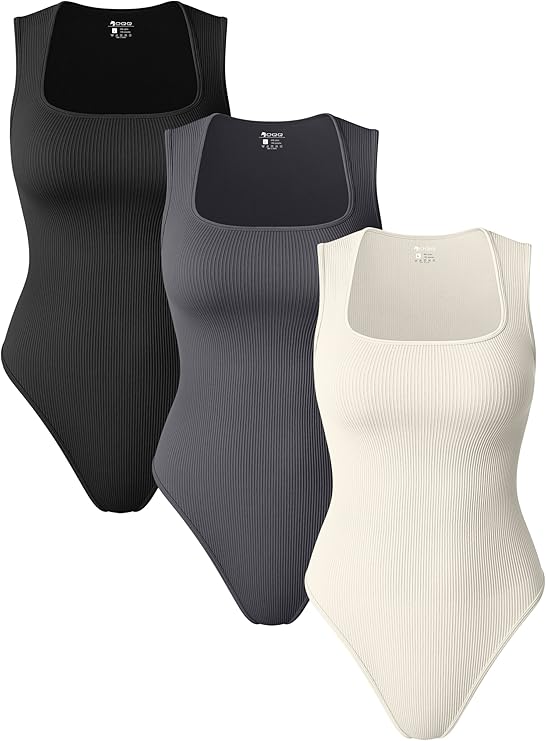 OQQ Women 3 Piece Bodysuits Sleeveless Square Stretch Basic Tank Tops Bodysuits