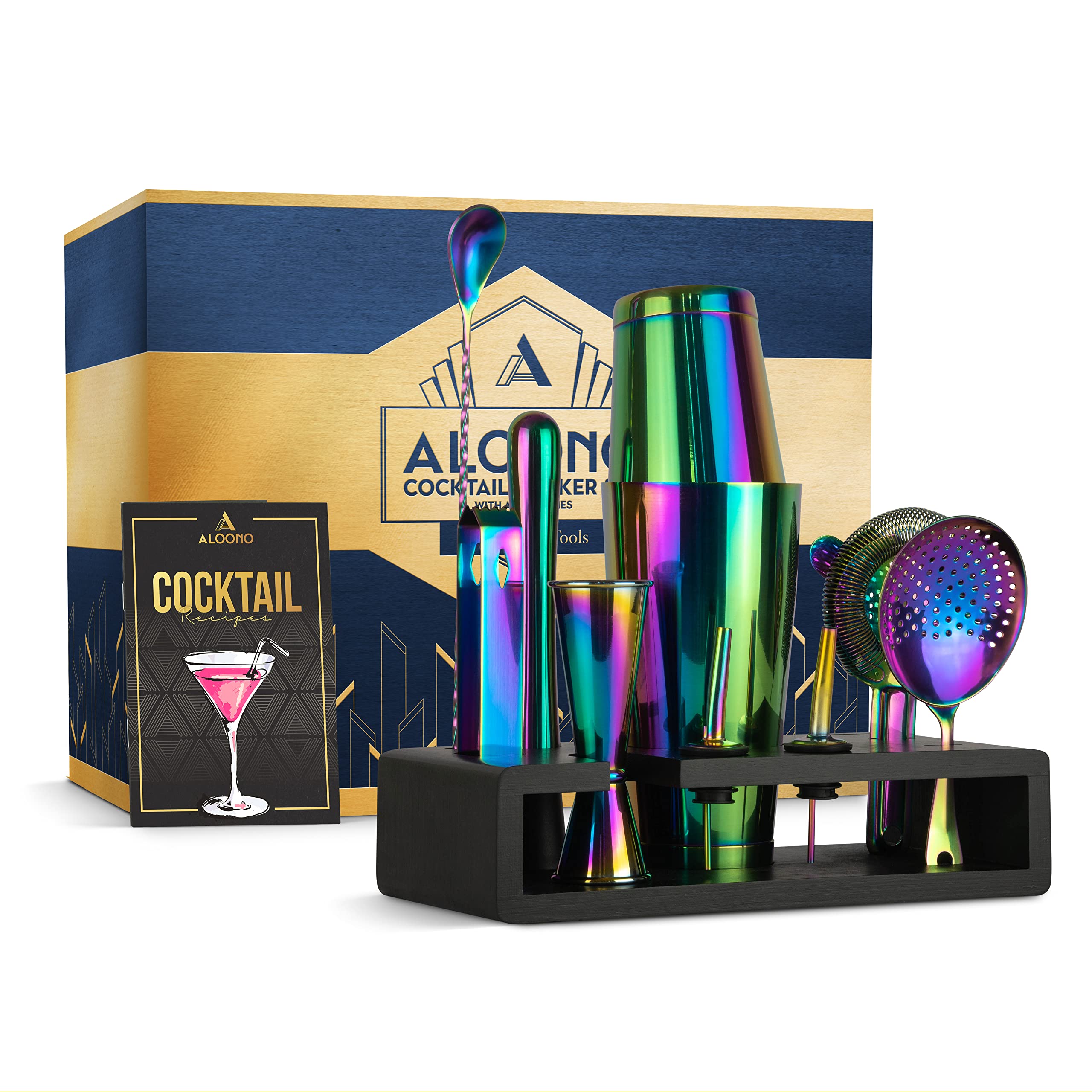 12-Piece Rainbow Boston Cocktail Shaker Set Bartender Kit | Drink Mixer Bar Set with Stand & Recipe 