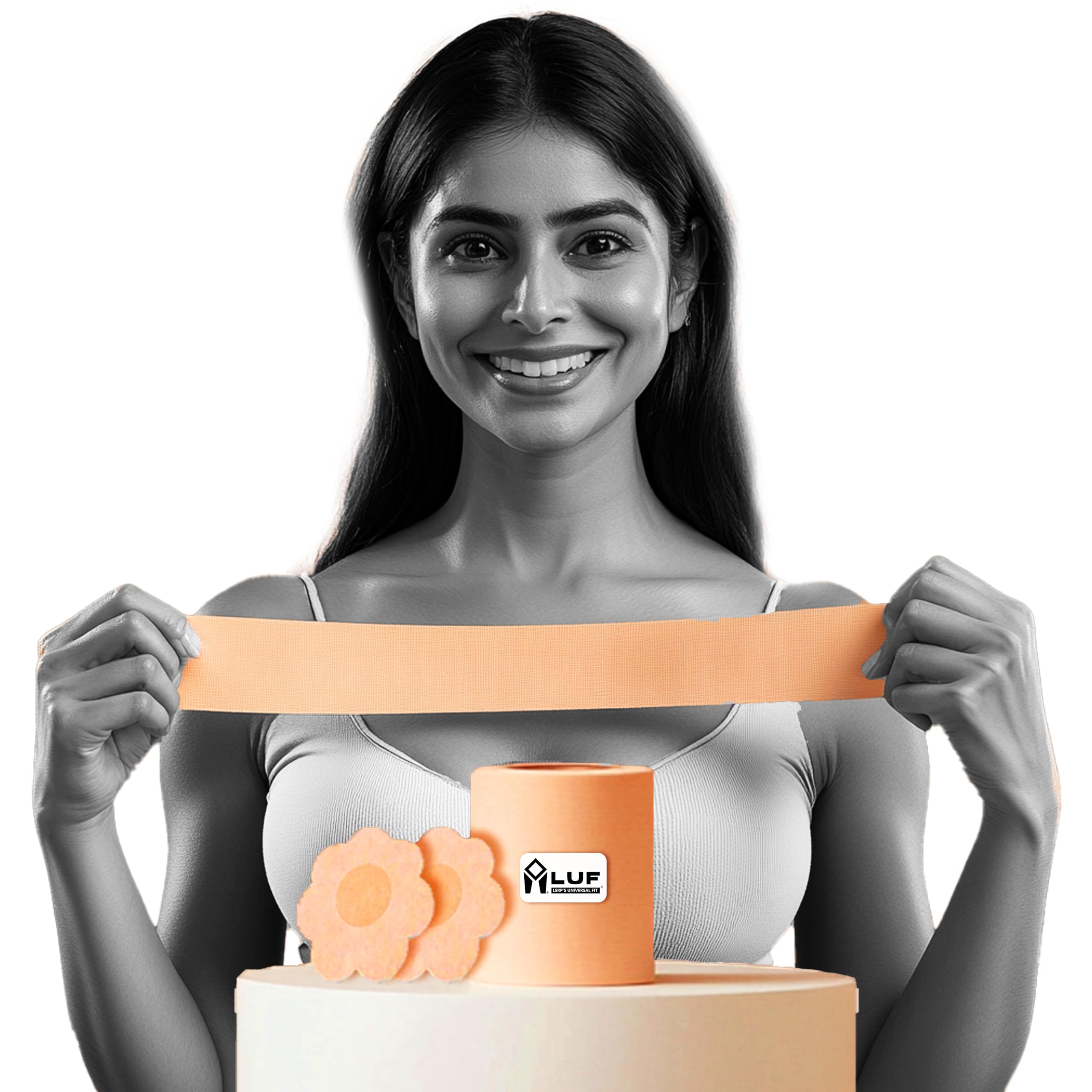 LUF Universal Anti-Sagging Boob Tape with 10 Nipple Pasties - 100% Instant Heavy Breast Lift Up, Anti-Allergy, Strong Adhesive, Skin Friendly & Water Resistant Cotton Fabric Body Tape - 5 Meter