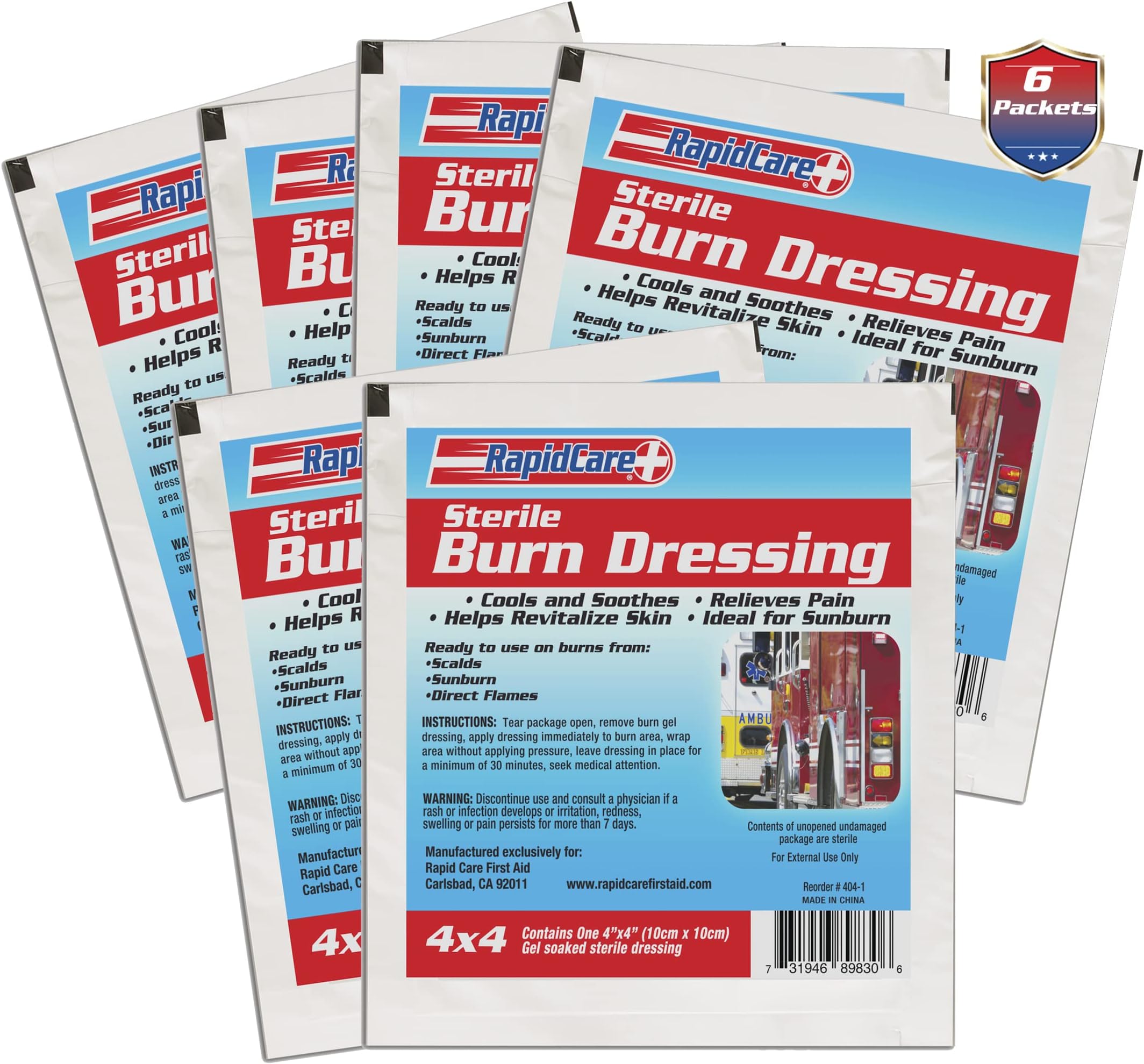 Rapid Care First Aid 404-6 Hydrogel Burn and Wound Care Dressing Pads, 4" Width, 4" Length, Pack of 6